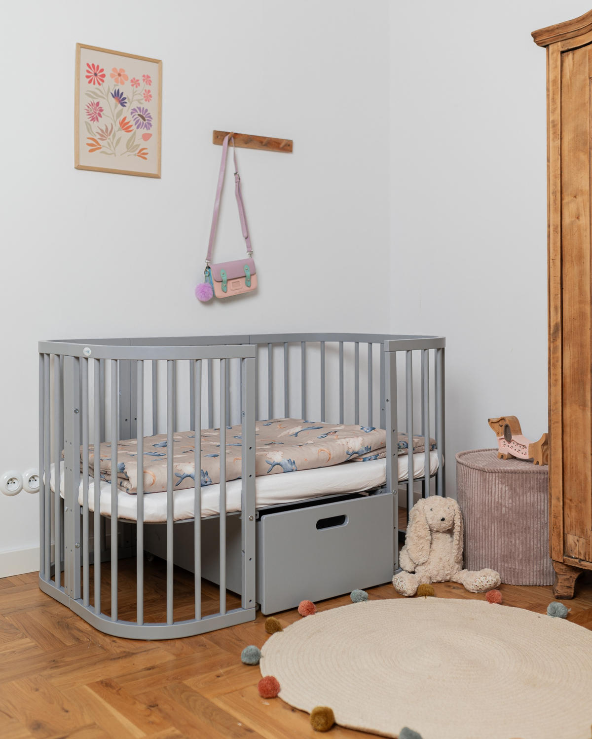 SERTAR pentru pătuț bebe 7in1, FĂRĂ PĂTUȚ - gri, lemn - waldin
