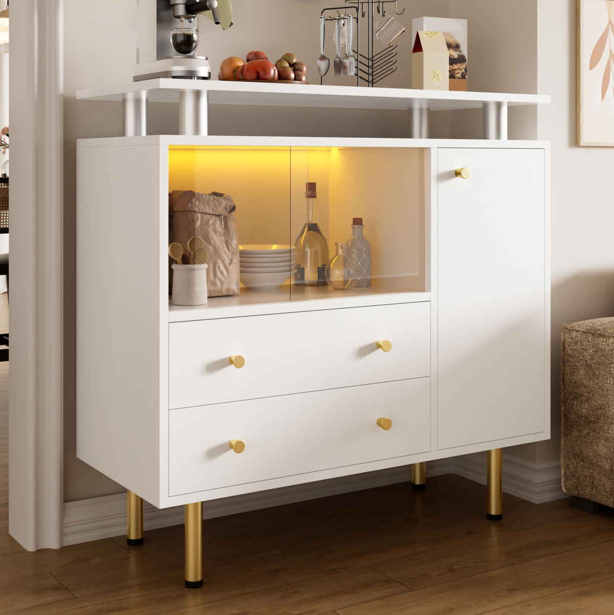 SIDEBOARD 80/35/80 cm Weiß aus Glas und Spanplatte mit LED - Weiß, Glas (80/80/35cm) - OKWISH
