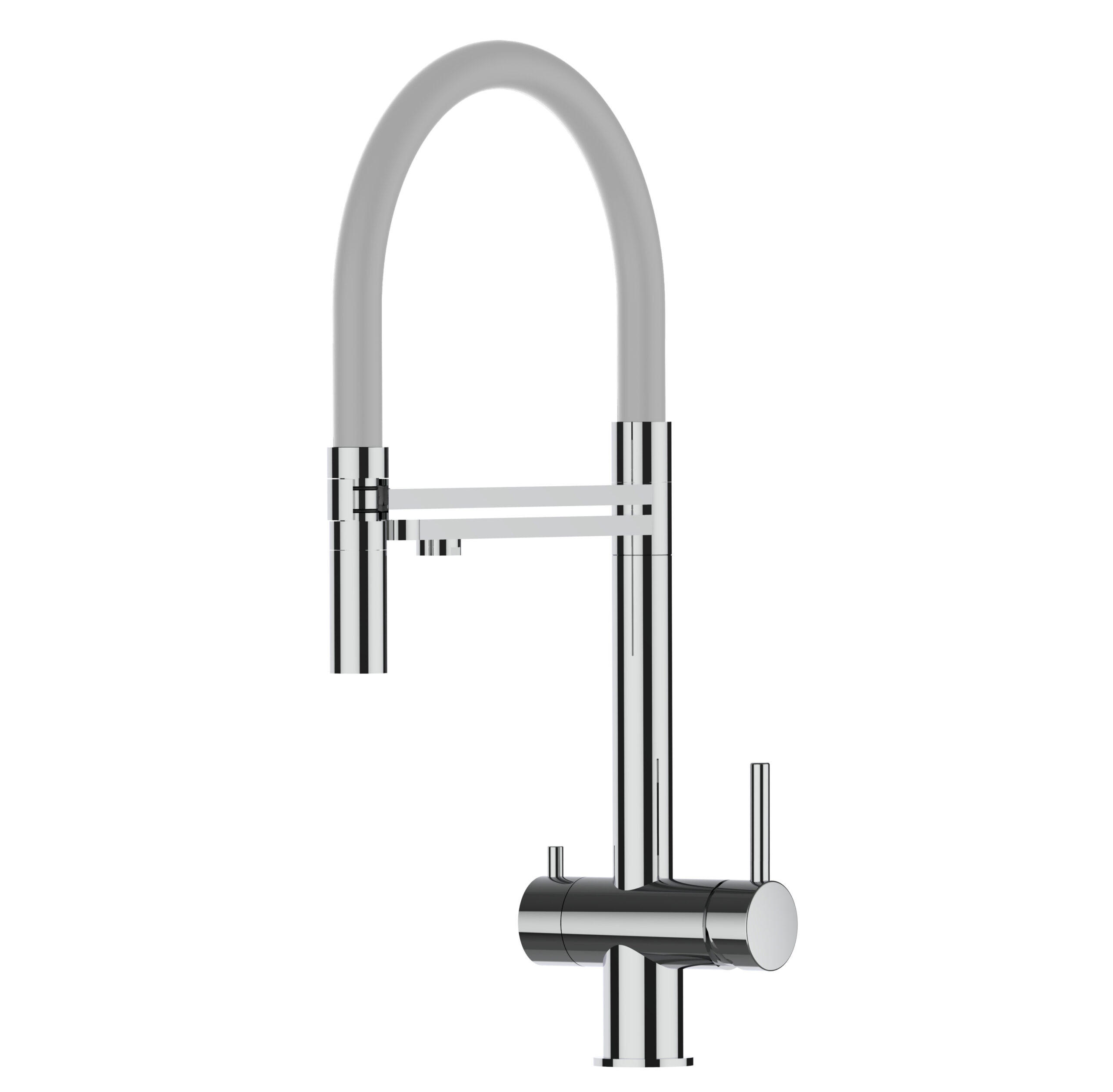 3-WEGE-KÜCHENARMATUR, Edelstahl Massiv aus Chirurgenstahl, Hochglanz und Grau, 2-Strahl-Brause - Grau, Metall (24/49/24cm) - VIZIO