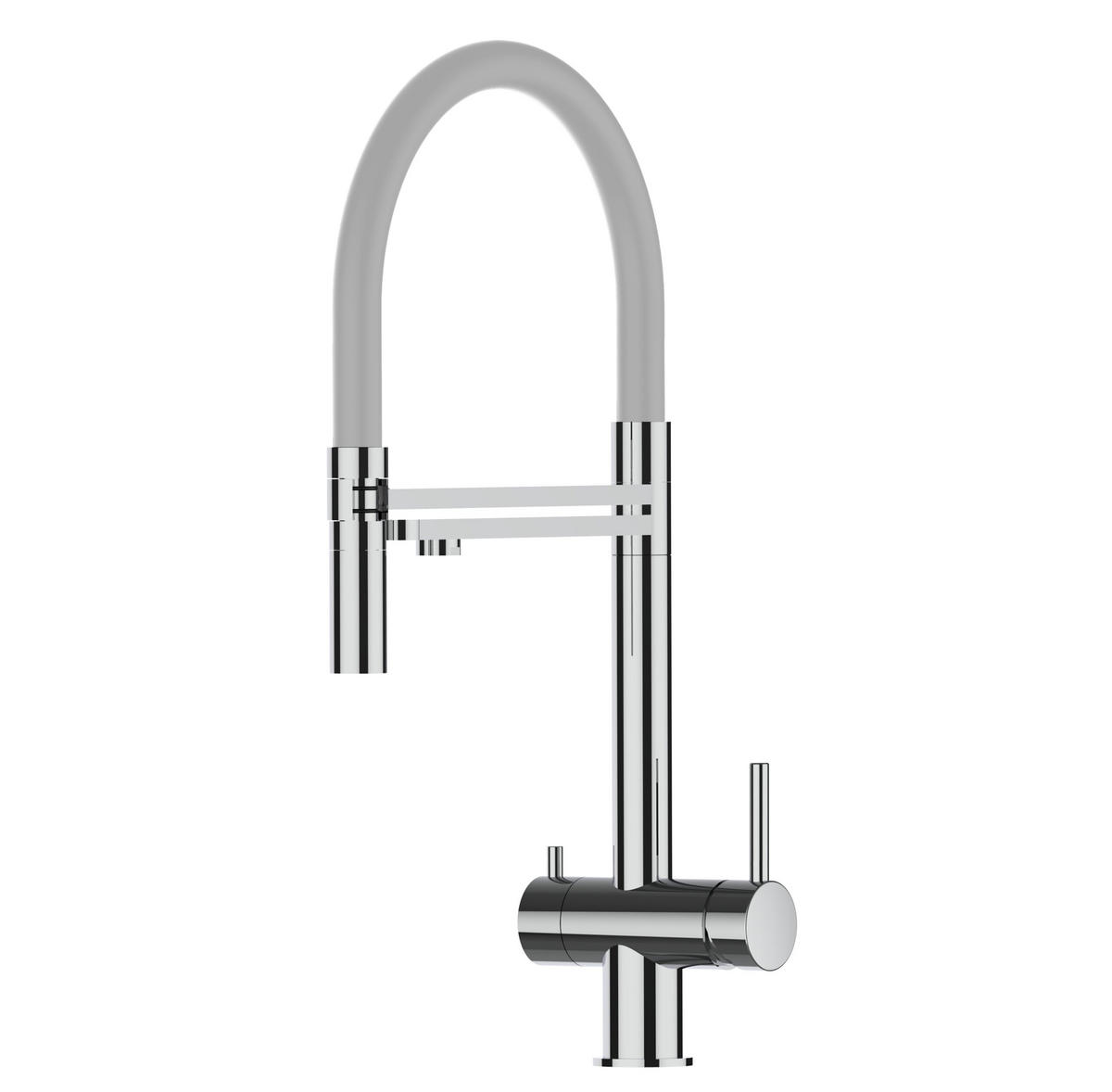 3-WEGE-KÜCHENARMATUR, Edelstahl Massiv aus Chirurgenstahl, Hochglanz und Grau, 2-Strahl-Brause - Grau, Metall (24/49/24cm) - VIZIO