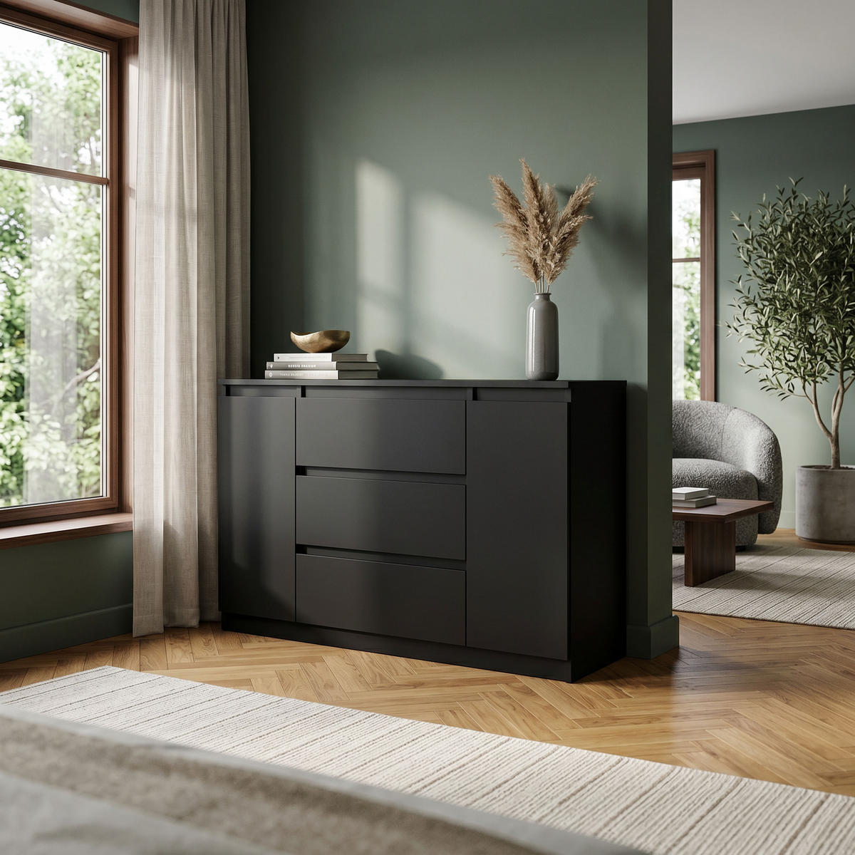 KOMMODE NUDO 138,5/78,2/39cm mit 3 Schubladen 2 Türen Schwarz - Schwarz, Holzwerkstoff (138.5/78.2/39cm) - MASSENO