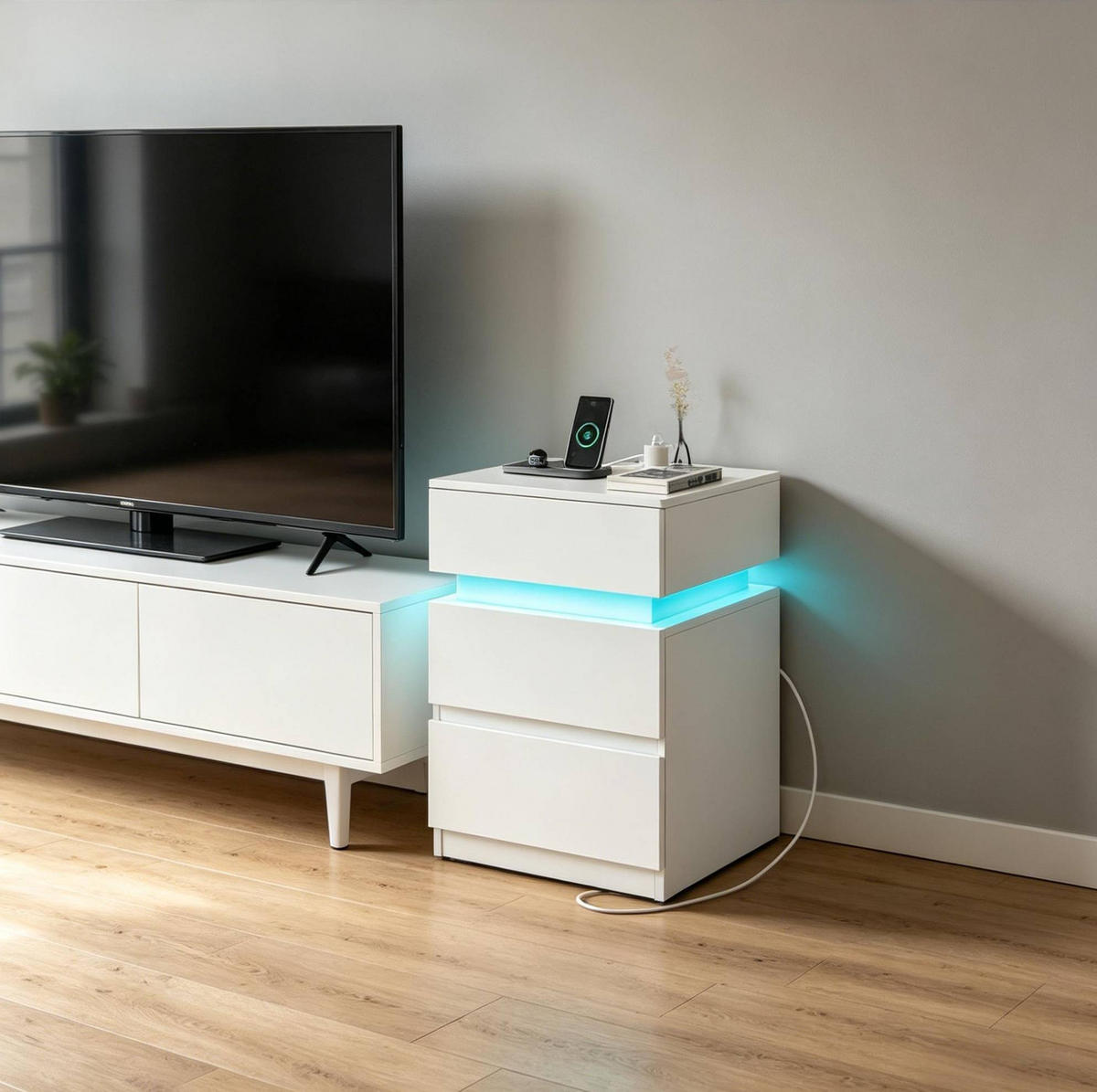 NACHTTISCH 40/55/35 cm Weiß aus Holz mit LED-Beleuchtung 2er Set - Weiß, Holzwerkstoff (35/55/40cm) - OKMYHOME