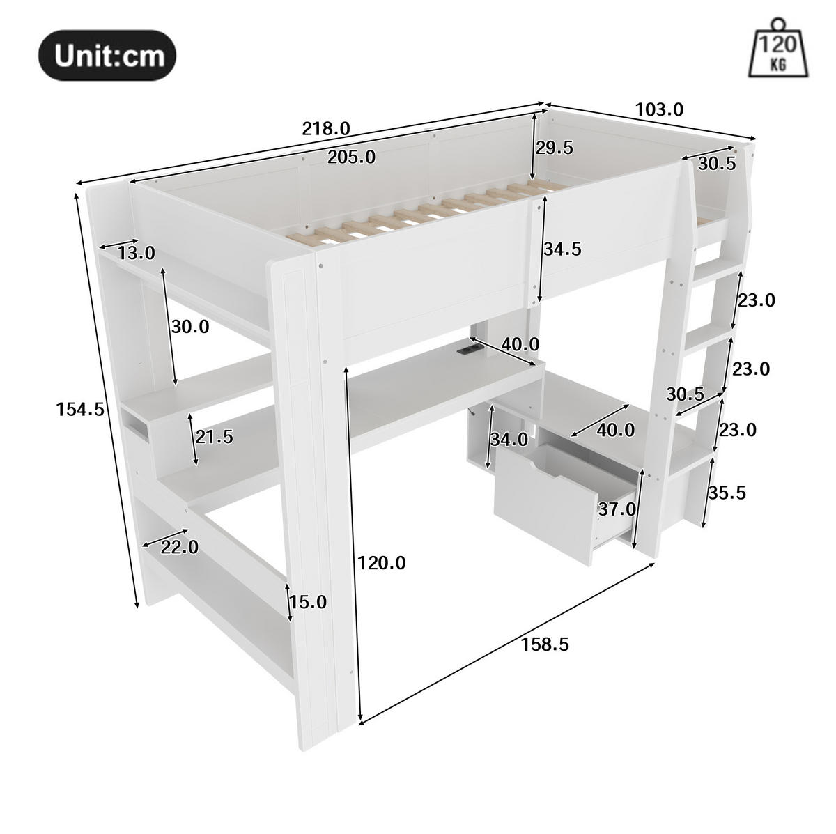 HOCHBETT aus Kiefernholz 90x200 cm in Weiß mit Schreibtisch & LED - Weiß, Holz (90/200cm) - Modfu