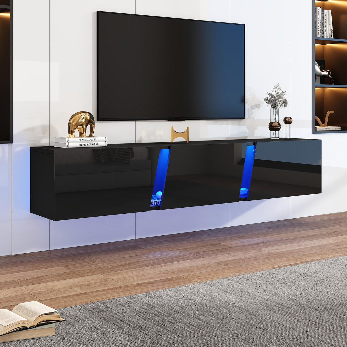 TV-SCHRANK Wandmontiert LED Hochglanz 3 Türen Schwarz - Schwarz, Holzwerkstoff (180/30/35cm) - FLIEKS