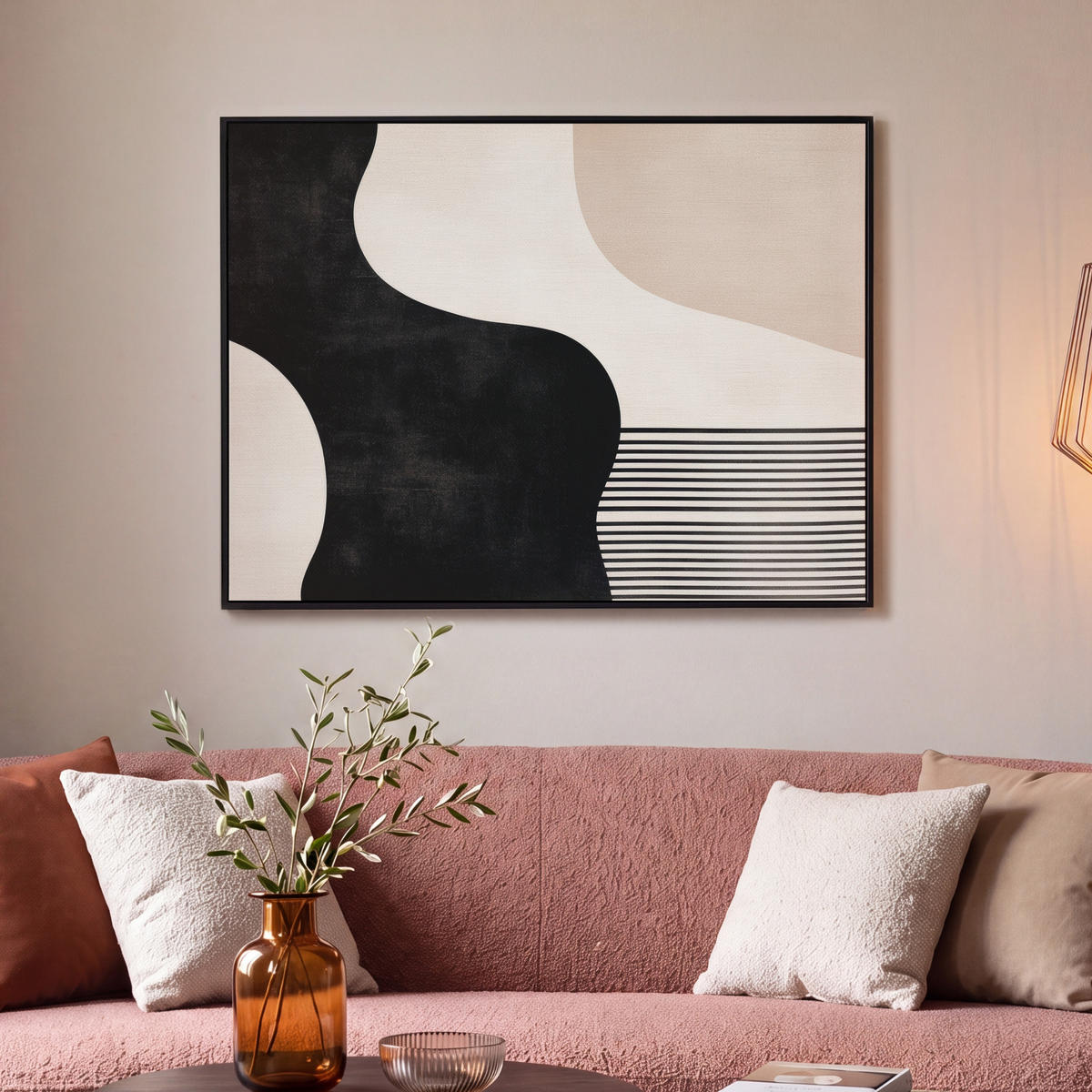 LEINWAND Bilder mit Rahmen - Abstrakt - Japandi - Beige - Modern - 100x70 - Schwarz, Textil (100/70cm) - MuchoWow