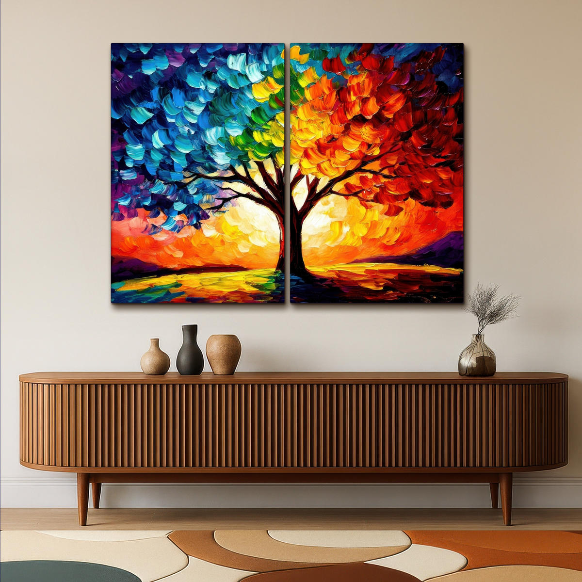 LEINWANDBILD 2er Set Baum - Farbenfroh - Malerei-Look - Abstrakt 160x120 cm - Multicolor, Textil (160/120cm) - MuchoWow