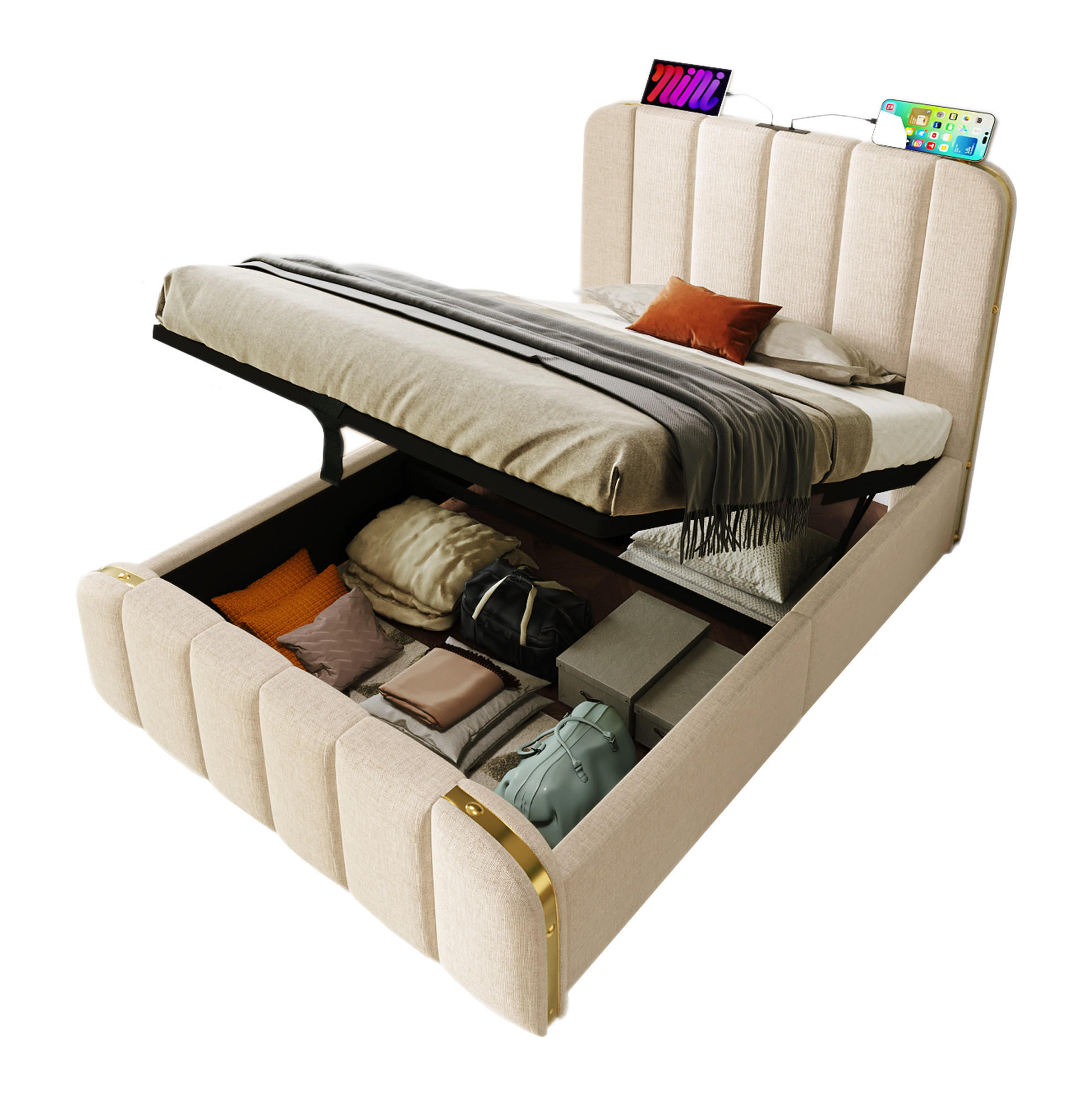 POLSTERBETT mit Bettkasten 90/200 cm in Beige mit USB-C und gepolstertem Kopfteil - Beige, Textil (90/200cm) - BEAOK