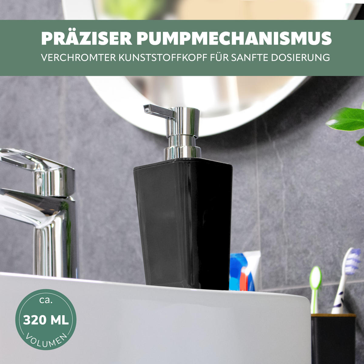 SEIFENSPENDER 320 ml CALVI, schwarz - Schwarz, Kunststoff (7.4/16.5/7.4cm) - bremermann