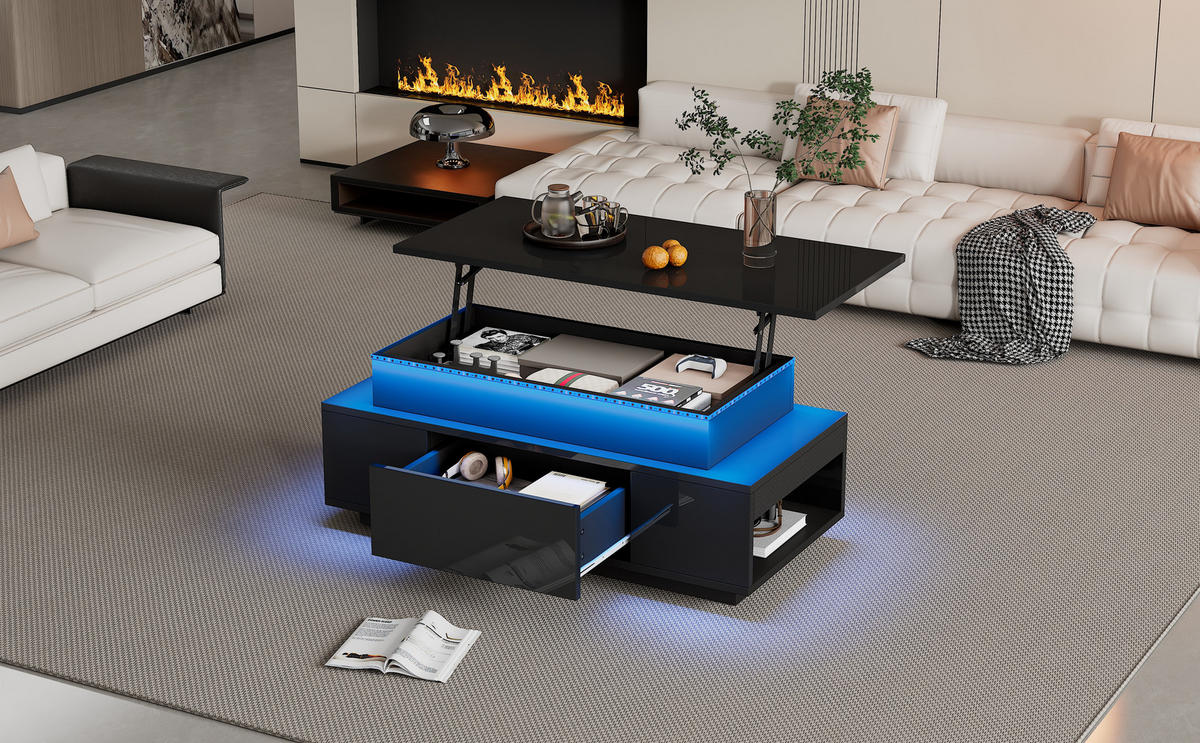 COUCHTISCH, höhenverstellbar, Hochglanz-Spanplatte mit LED & verstecktem Stauraum, 96/45/40 cm, Schwarz - Schwarz, Holzwerkstoff (96/45/40cm) - Redom