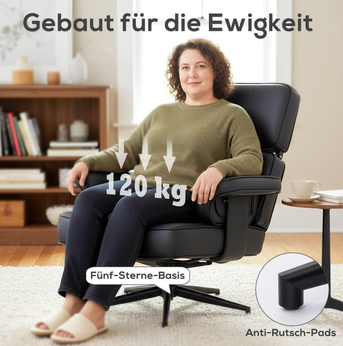SESSEL 91/79/89 cm in Schwarz mit Fußhocker und verstellbarer Kopfstütze - Schwarz, Kunststoff (91/89/79cm) - BEAOK
