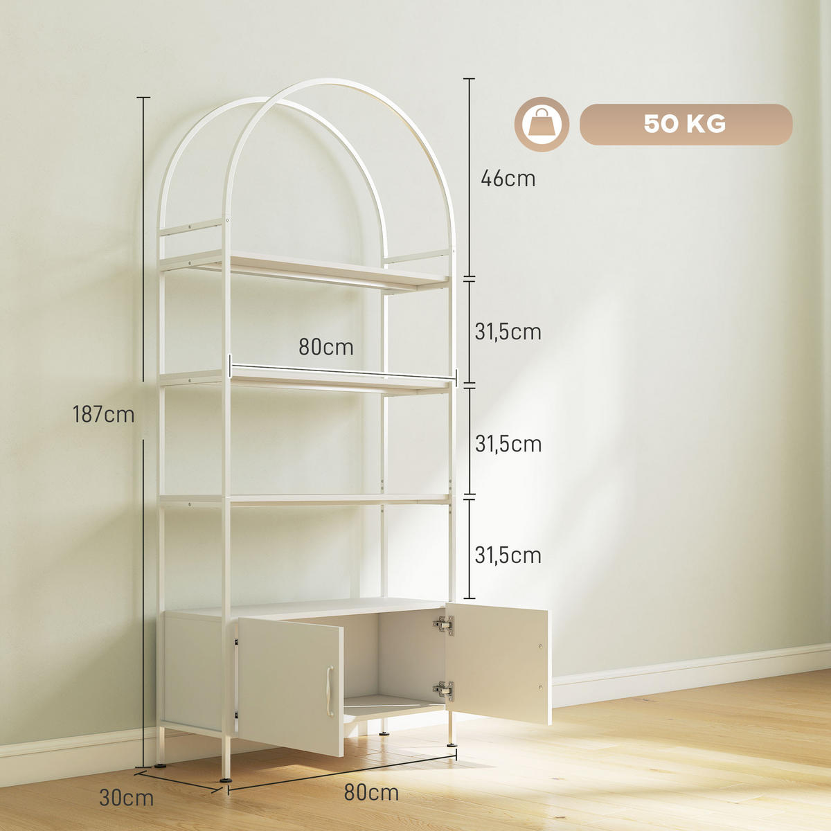 BÜCHERREGAL 80/30/187 cm Weiß - Weiß, Karton (80/187/30cm)