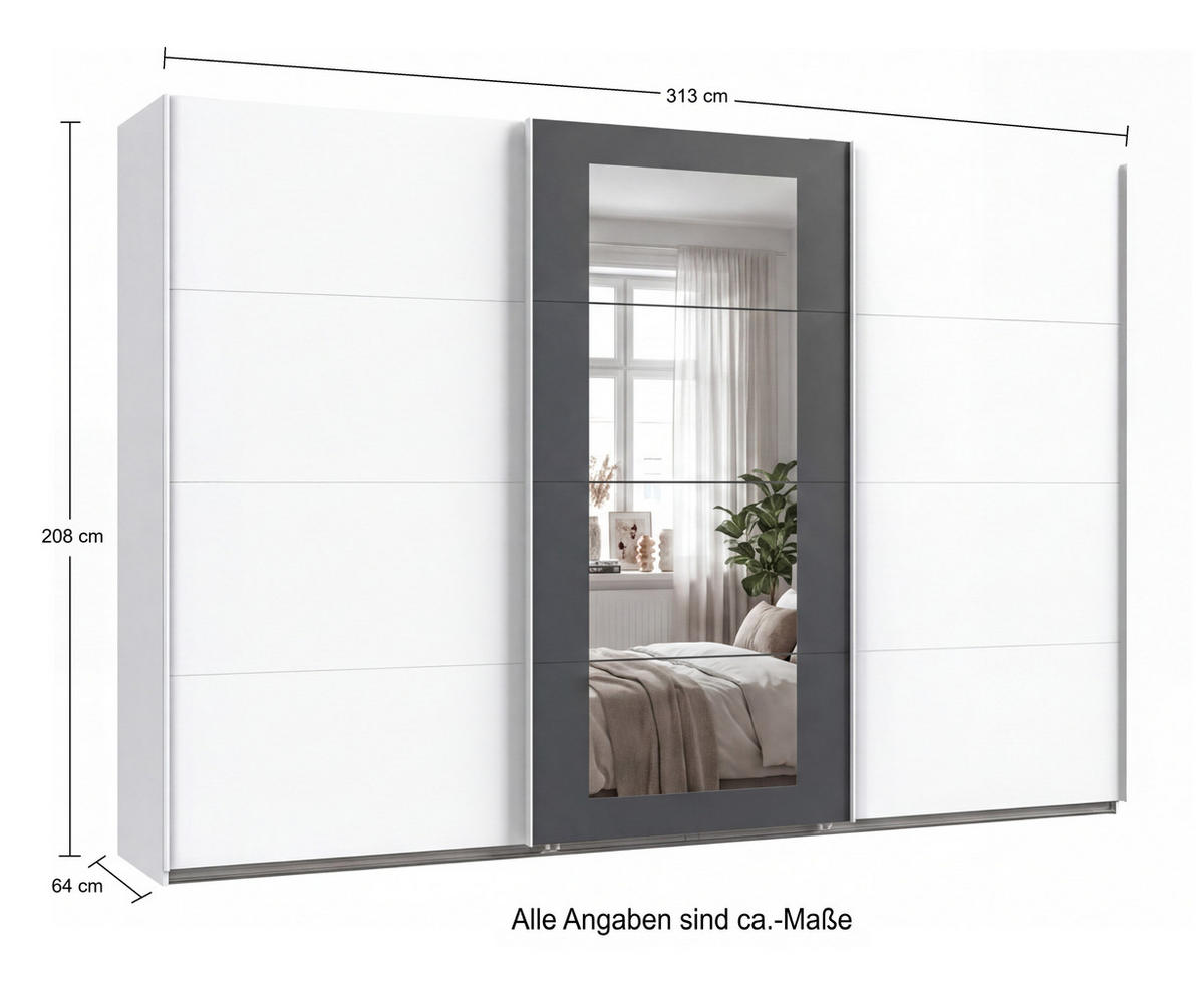 SCHWEBETÜRENSCHRANK 3-türig B313/H208/64 cm Kleiderschrank in Weiß, Spiegel umrahmt in Grafit, Griffe Weiß / 22632 - Weiß, Holzwerkstoff/Metall (313/208/64cm) - luma-home