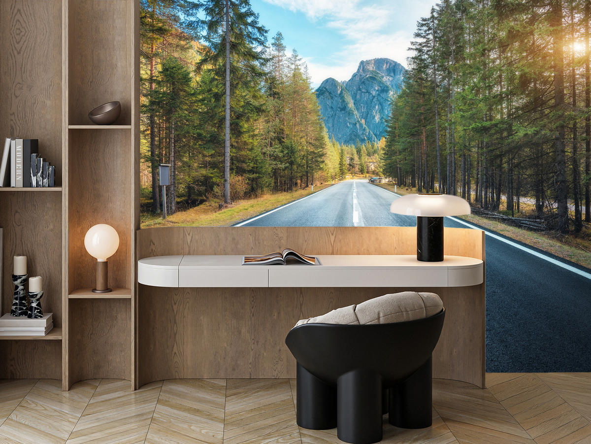 FOTOTAPETE für Wohnzimmer Asphaltstraße Bergwald Bäume Pflanzen 100x70 - Gelb/Schwarz, Papier (100/70cm) - Muralo