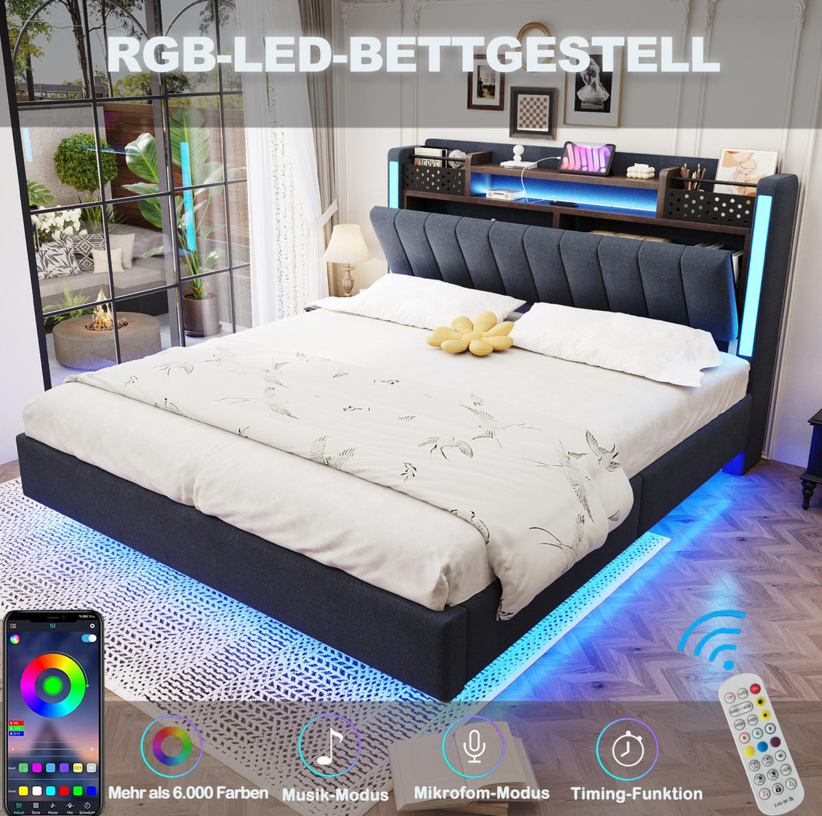 POLSTERBETT 140/200 cm Grau aus Leinenstoff mit LED-Beleuchtung und USB-Anschluss - Grau, Textil (140/200cm) - OKMYHOME
