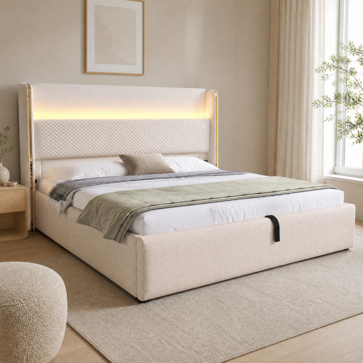 POLSTERBETT 160/200 mit Bettkasten, LED und USB in Beige - Beige, Holzwerkstoff/Textil (160/200cm) - EVRYAE
