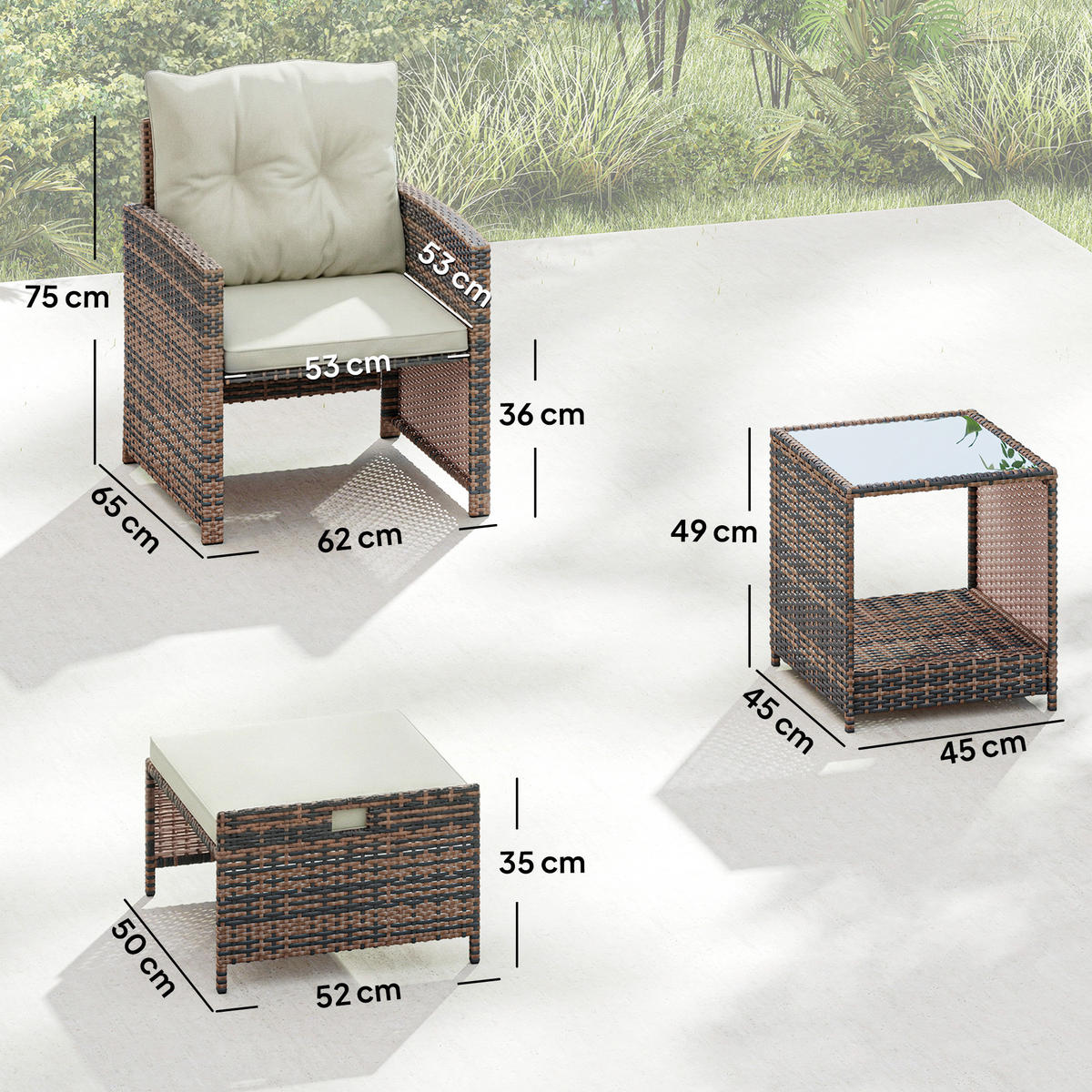 RATTAN-GARTENMÖBEL 5er Set PE-Rattan Stahl Cremeweiß - Creme/Schwarz, Kunststoff/Textil - Outsunny