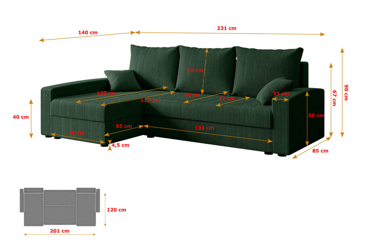 ECKSOFA mit Schlaffunktion und Bettkasten ALESIA-L 231x140x90 cm Grün Cord - Silberfarben/Grün, Holzwerkstoff/Kunststoff (231/140cm) - ALTDECOR