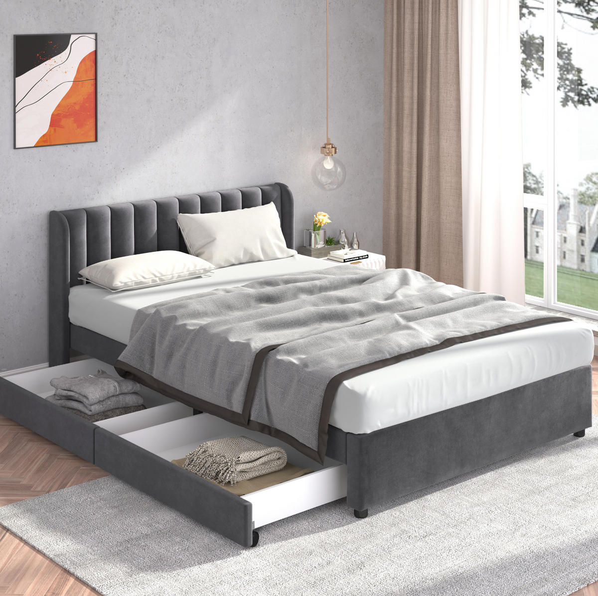 POLNJENA postelja iz žameta 140x200 cm siva z letvenim dnom, vzglavjem in 2 predaloma - siva, tekstil (140/200cm) - Modfu