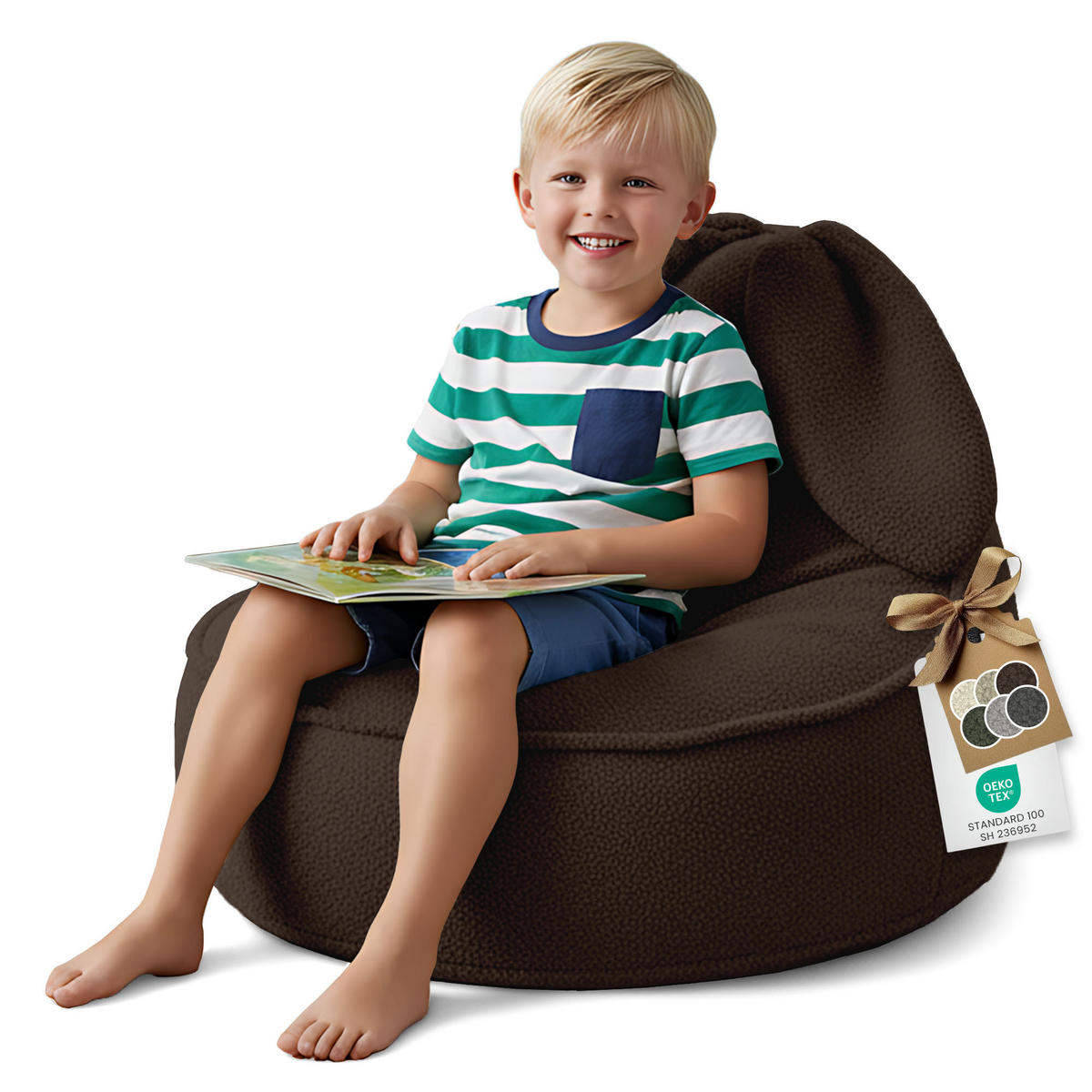 SITZSACK FÜR KINDER Hase 75/75/55 cm, weicher Bouclé 315 g/m², abnehmbarer Bezug, Cocoa Brown - Dunkelbraun, Textil (75/55/75cm) - Dreamroots