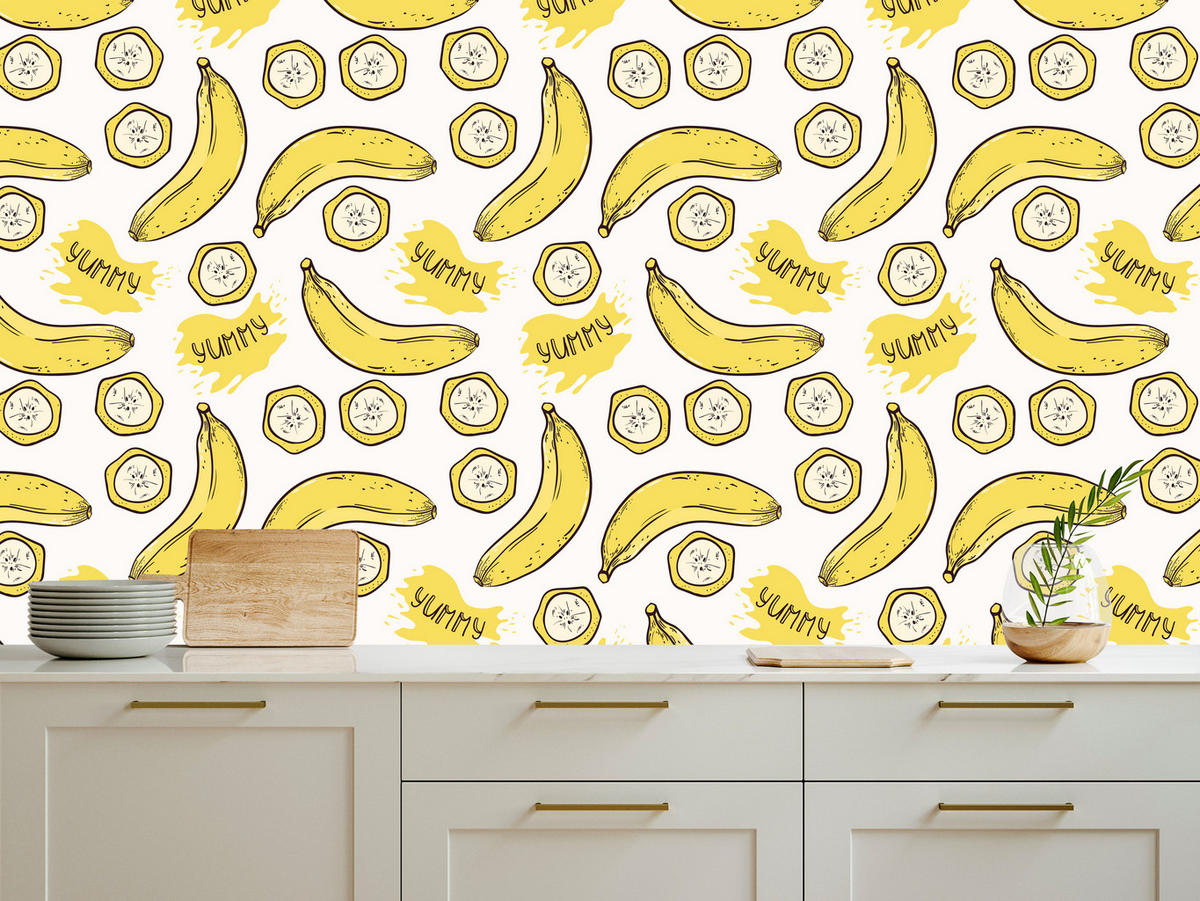 VLIESTAPETE Bananen und Schriftzüge – Gelb, Weiß – 50x1000 cm - Gelb/Weiß, Papier (50/1000cm) - Muralo
