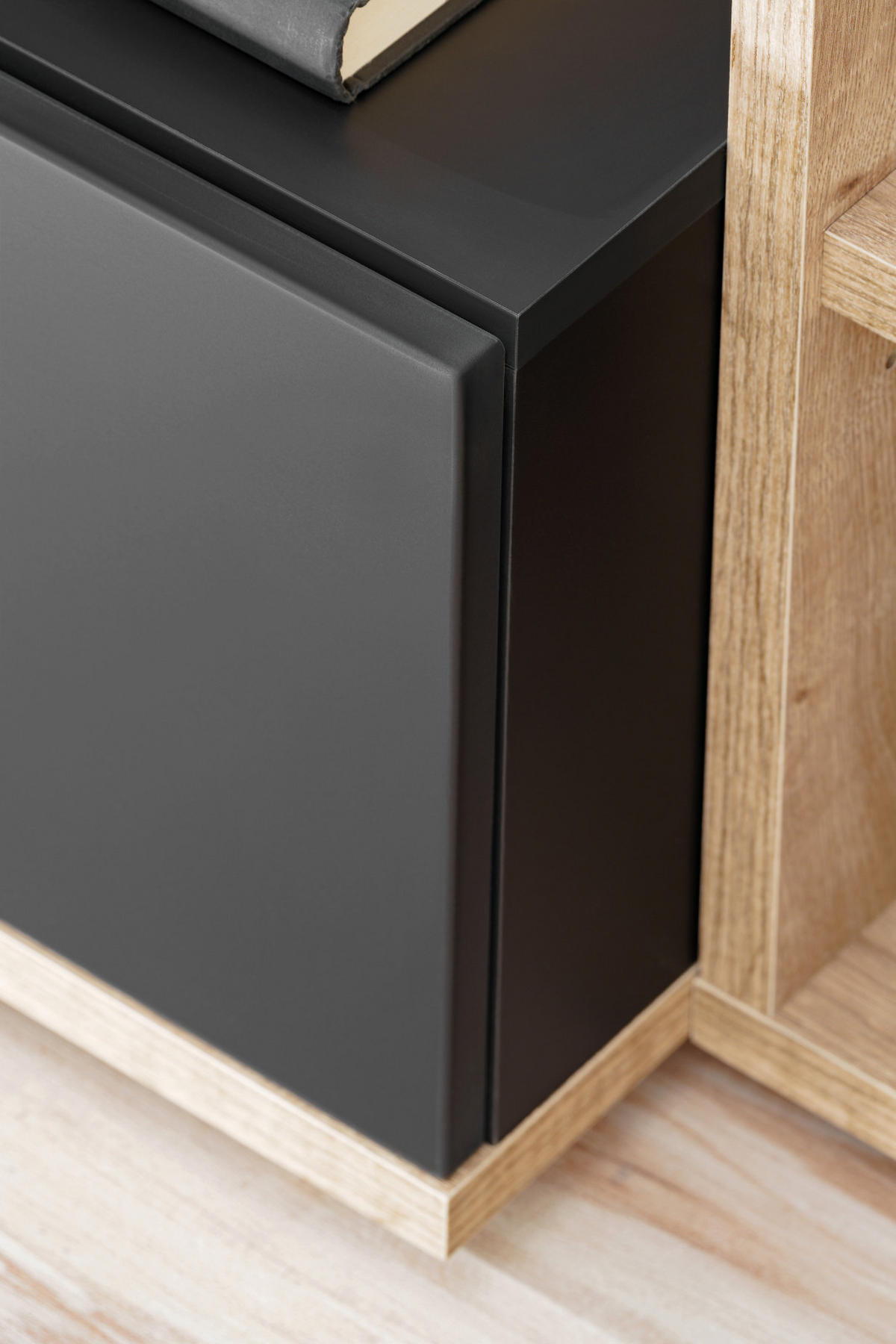 WOHNWAND grau, Wotan Eiche 240 cm, Schrankwand mit Push-to-Open - Eichefarben/Schwarz, Holzwerkstoff/Kunststoff (240/129/40cm) - Furn.Design
