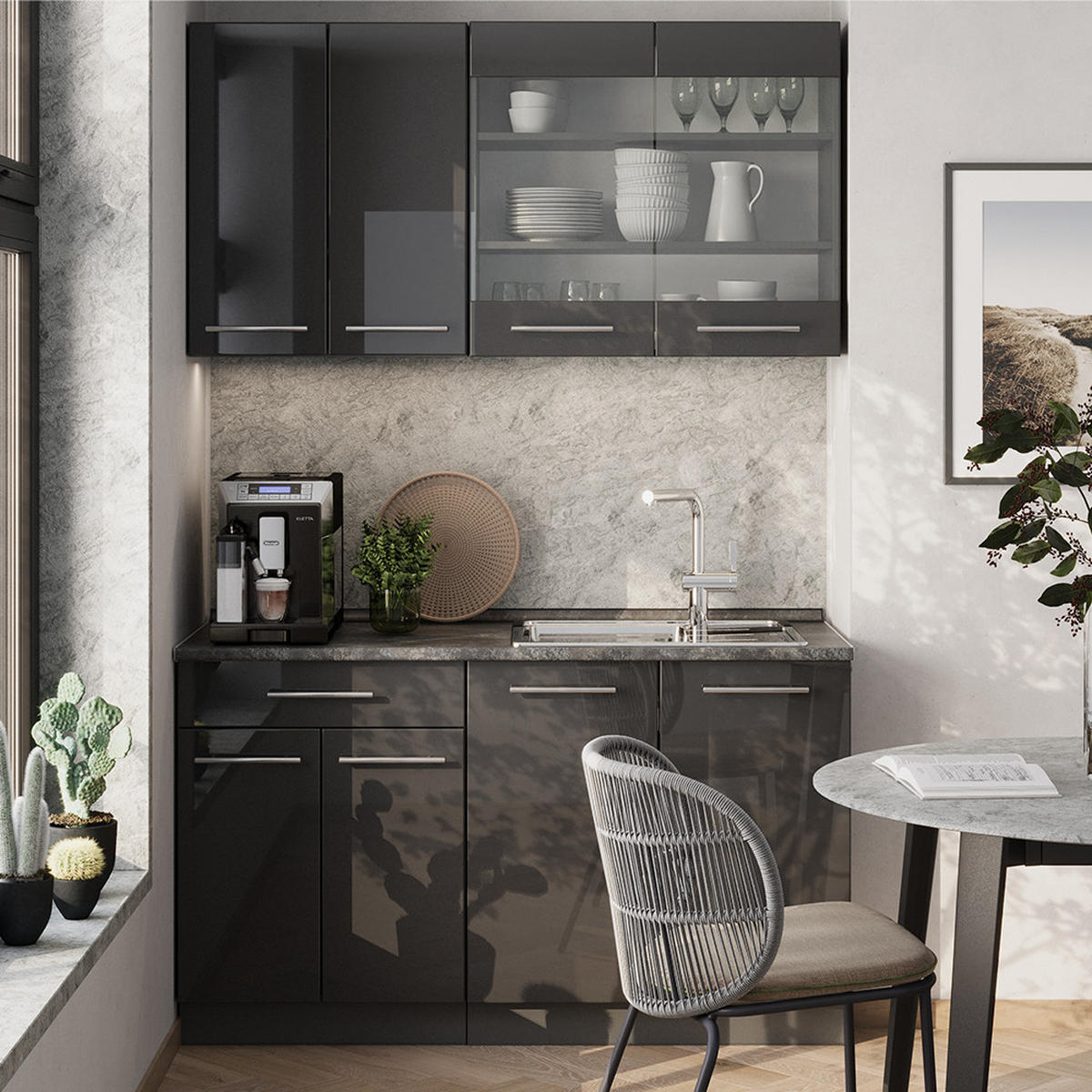 JEDNOTKOVÁ KUCHYNĚ Fame-Line Antracitový vysoký lesk - antracitová/vysoce lesklá černá, kompozitní dřevo (140/81.6/60cm) - Vicco