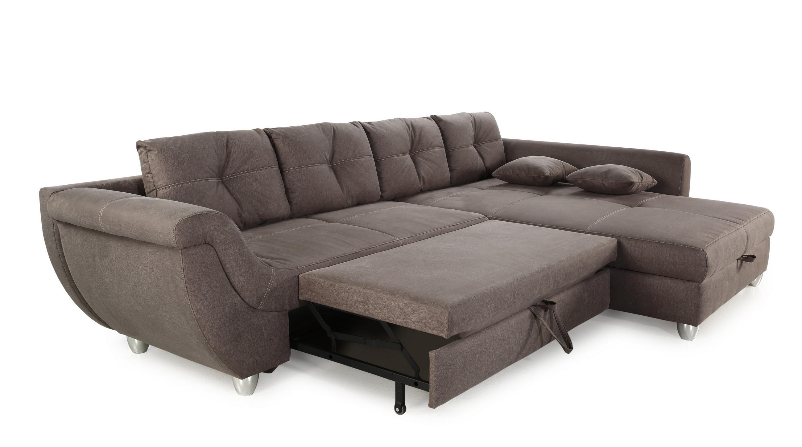 ECKSOFA mit Schlaffunktion und großem Bettkasten, seitenverkehrt montierbar B330/T207/H90 cm, Liegefl. 153x270 cm, Mikrofaser Braun / 15231 - Chromfarben/Braun, Kunststoff/Textil (330/207cm) - luma-home