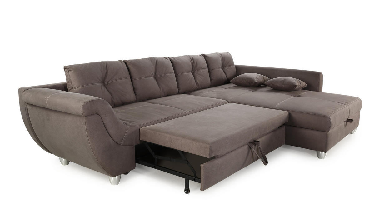 ECKSOFA mit Schlaffunktion und großem Bettkasten, seitenverkehrt montierbar B330/T207/H90 cm, Liegefl. 153x270 cm, Mikrofaser Braun / 15231 - Chromfarben/Braun, Kunststoff/Textil (330/207cm) - luma-home