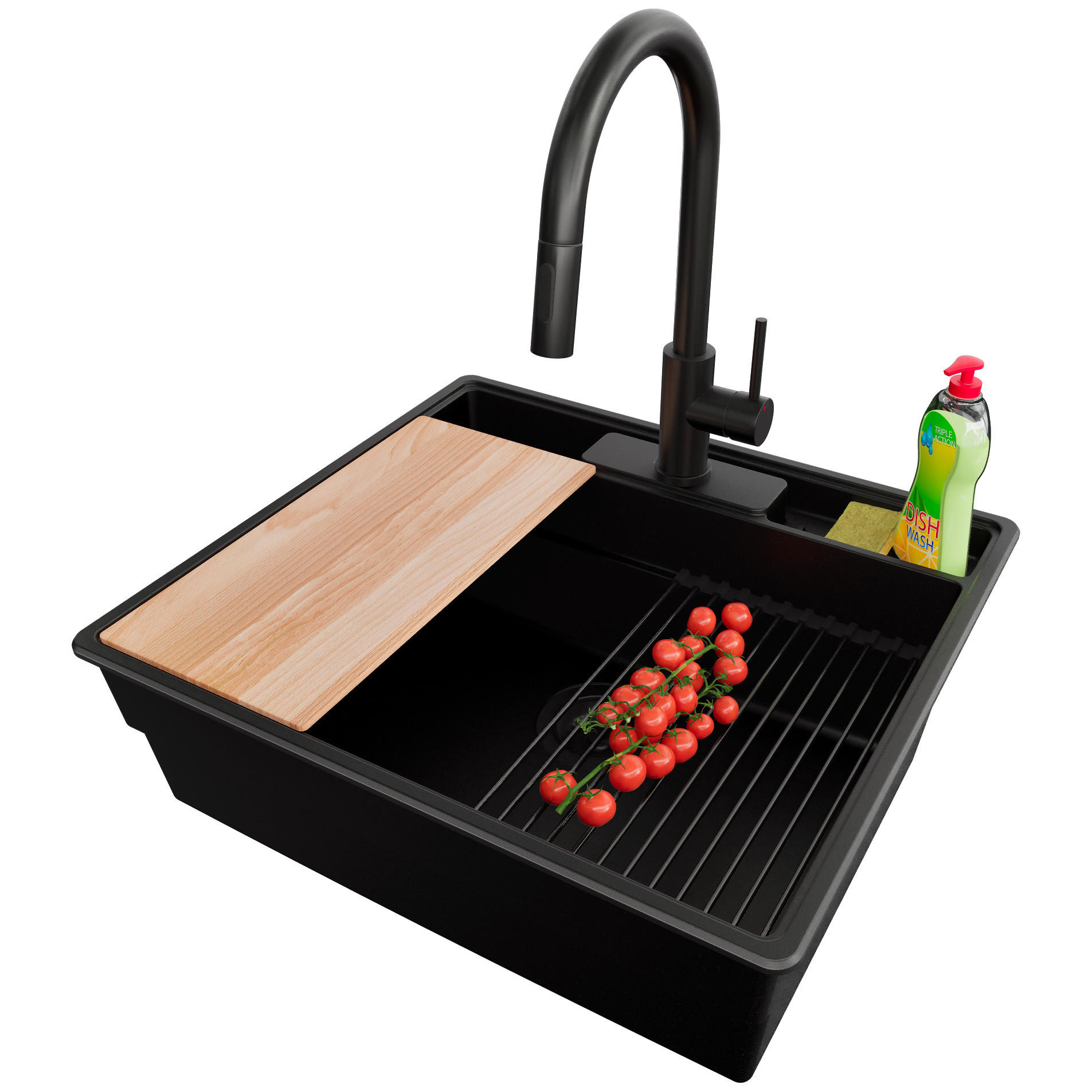 GRANITSPÜLE New York, 2-er set Alles Schwarz 58/53 cm 1 Becken + Küchenarmatur 40/20 cm + Ablauf-Set + Küchenzubehörset ab 60er Unterschrank - Beige/Schwarz, Kunststoff (58/20/53cm) - Primagran