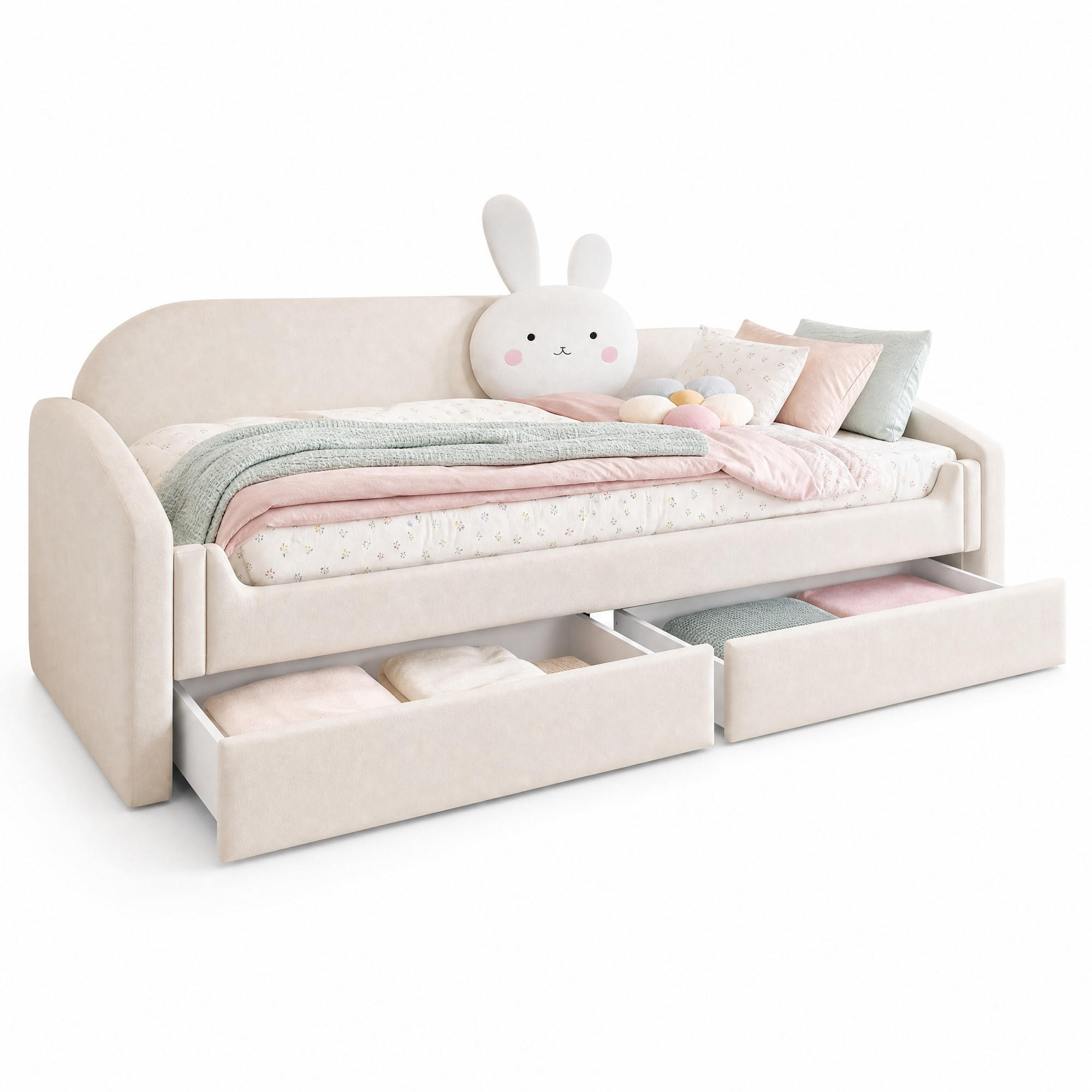 BETT 90/200 cm in Beige mit LED-Beleuchtung und Stauraum - Beige, Textil (90/200cm) - Flora Grace