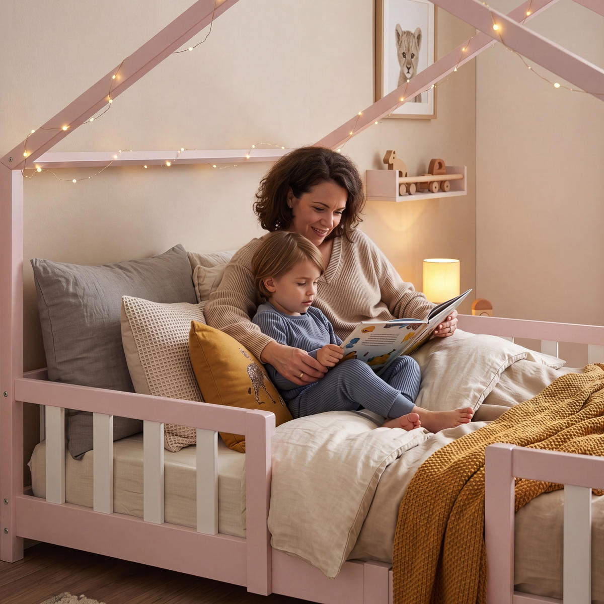 HAUSBETT Treviolo mit Matratze - Pink/Weiß, Holz/Textil (120/200cm) - [en.casa]