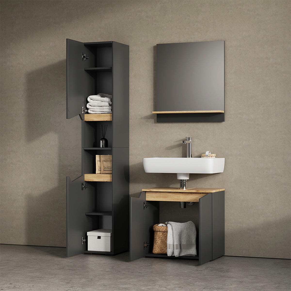 BADMÖBEL-KOMBINATION Timavo Anthrazit 3 Teile, mit Hochschrank - Anthrazit/Eiche Artisan, Holzwerkstoff (60/57/35cm) - Livinity®