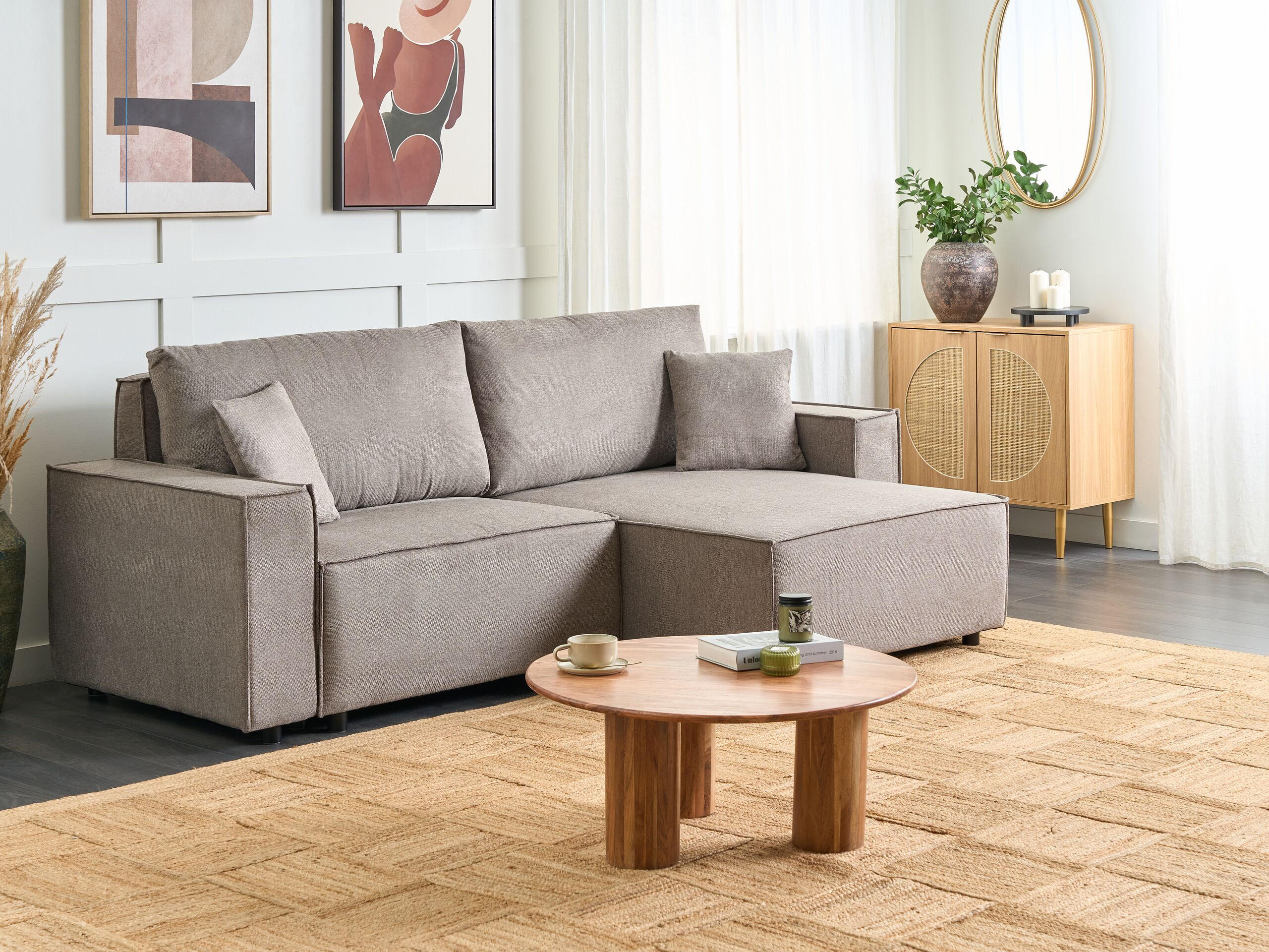 3-SITZER-ECKSOFA taupe rechtsseitig mit Schlaffunktion Stauraum Karila - Taupe, Textil (250/150cm) - Beliani