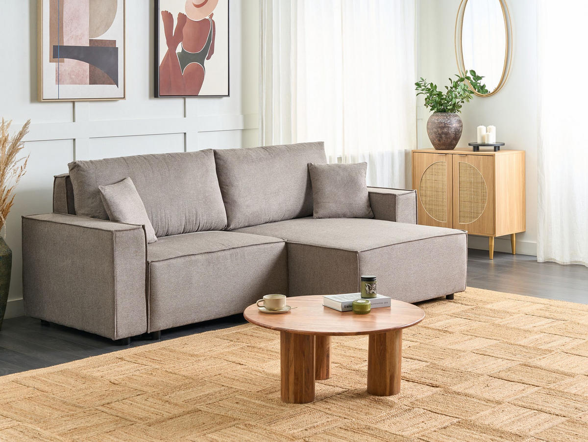 3-SITZER-ECKSOFA taupe rechtsseitig mit Schlaffunktion Stauraum Karila - Taupe, Textil (250/150cm) - Beliani
