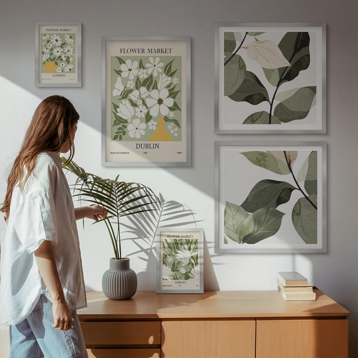 WANDBILDER 5er Set - 50x50 cm & 20x30 cm & 40x60 cm Silberner Rahmen - Blumenmuster London Dublin - Silberfarben, Kunststoff (40/60cm) - ArtPrintCave