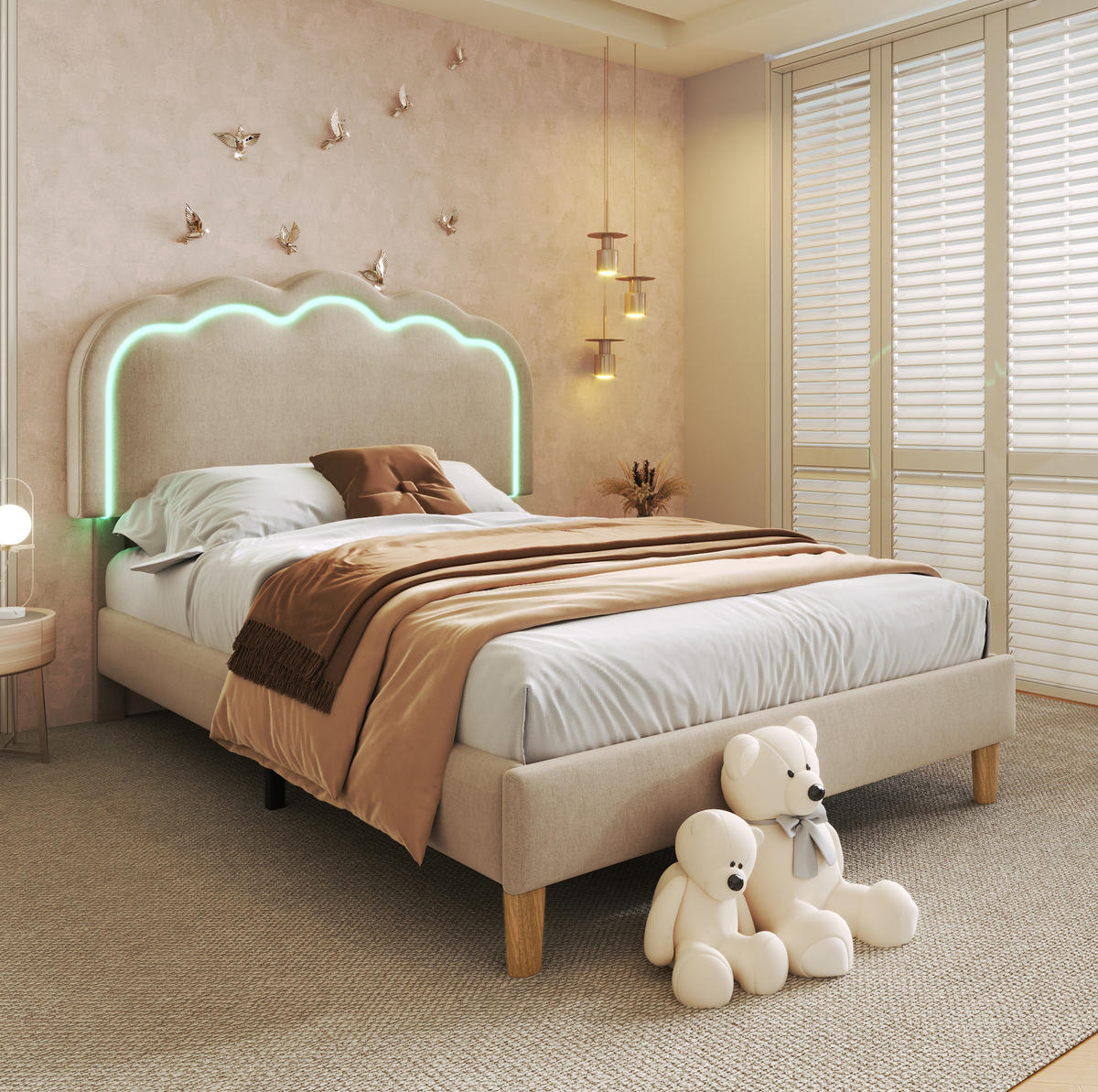BETT mit LED-Kopfteil 90x200 cm Leinen Beige - Beige, Metall (90/200cm) - Meubliv