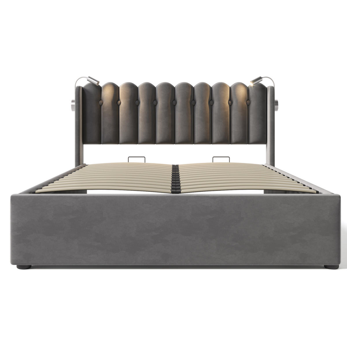 POLSTERBETT aus Samt 160x200 cm in Grau mit USB-Ladefunktion & Leselicht - Grau, Textil (160/200cm) - Modfu