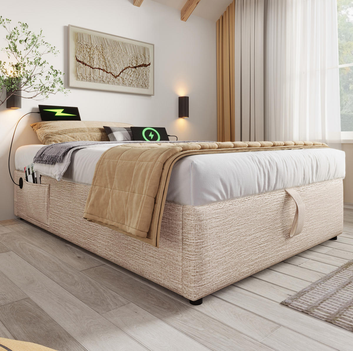 BETT mit Stauraum 90x190 cm Leinen Natur USB/Type-C - Beige, Metall (90/190cm) - Meubliv