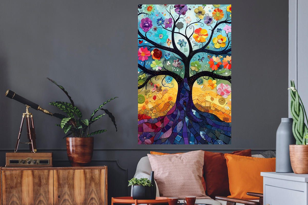WANDTATTOO Kunst - Baum des Lebens - Blumen - Hippie 80x120 cm - Dunkelblau, Kunststoff (80/120/0.1cm) - MuchoWow