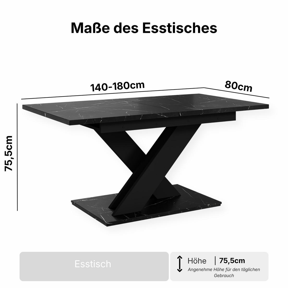 ESSTISCH Royal Schwarz Marmoptik Ausziehbar 140 - 180 cm - Schwarz, Holzwerkstoff (140/80/75cm) - PROSPERO