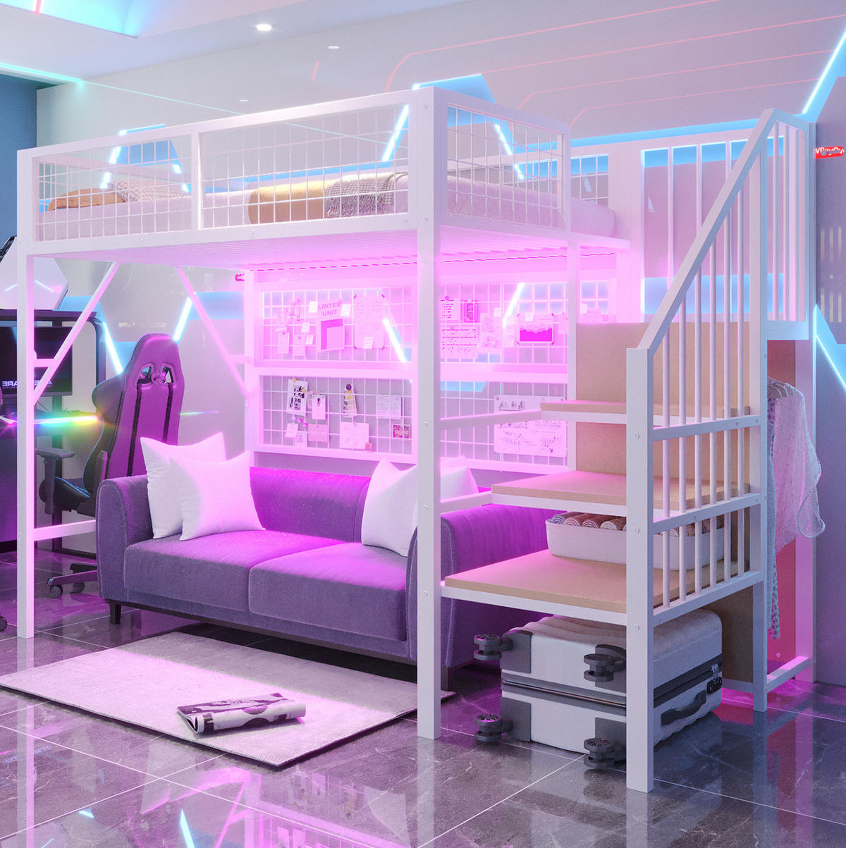 VYSOKÁ postel 90/200 cm bílá z kovu se schodišťovým úložným prostorem a s LED osvětlením - bílá, kov (90/200cm) - OKWISH