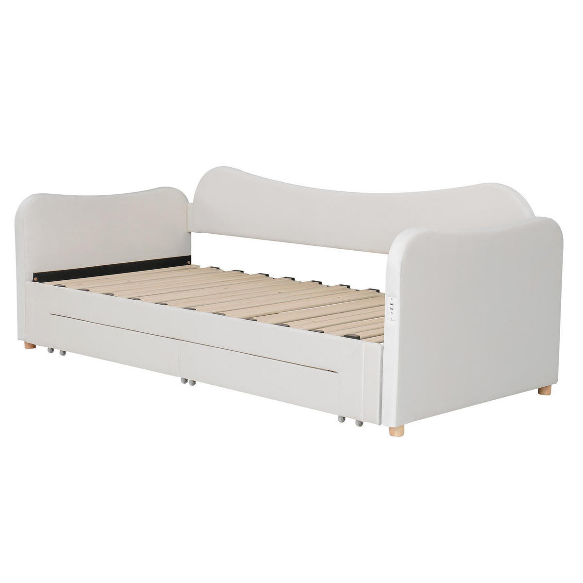 POLSTERBETT 90x200cm mit USB-Anschluss in Beige Samt - Beige, Holz/Textil (90/200cm) - KOMHTOM