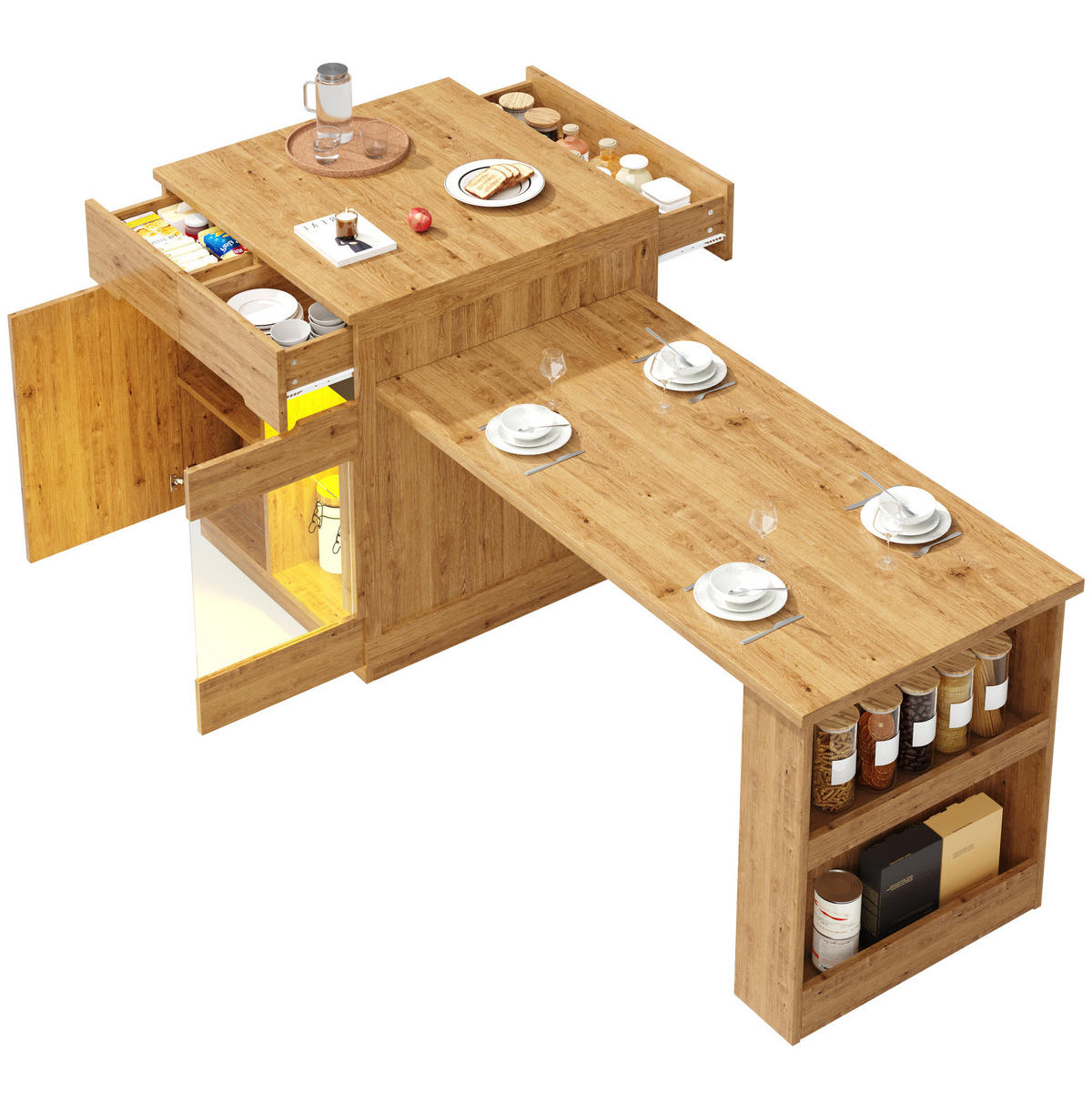 KÜCHENINSEL 122-195/70/93,5 cm Holzoptik mit ausziehbarer Tischplatte und LED aus MDF - Braun, Holzwerkstoff (122/93.5/70cm) - OKWISH
