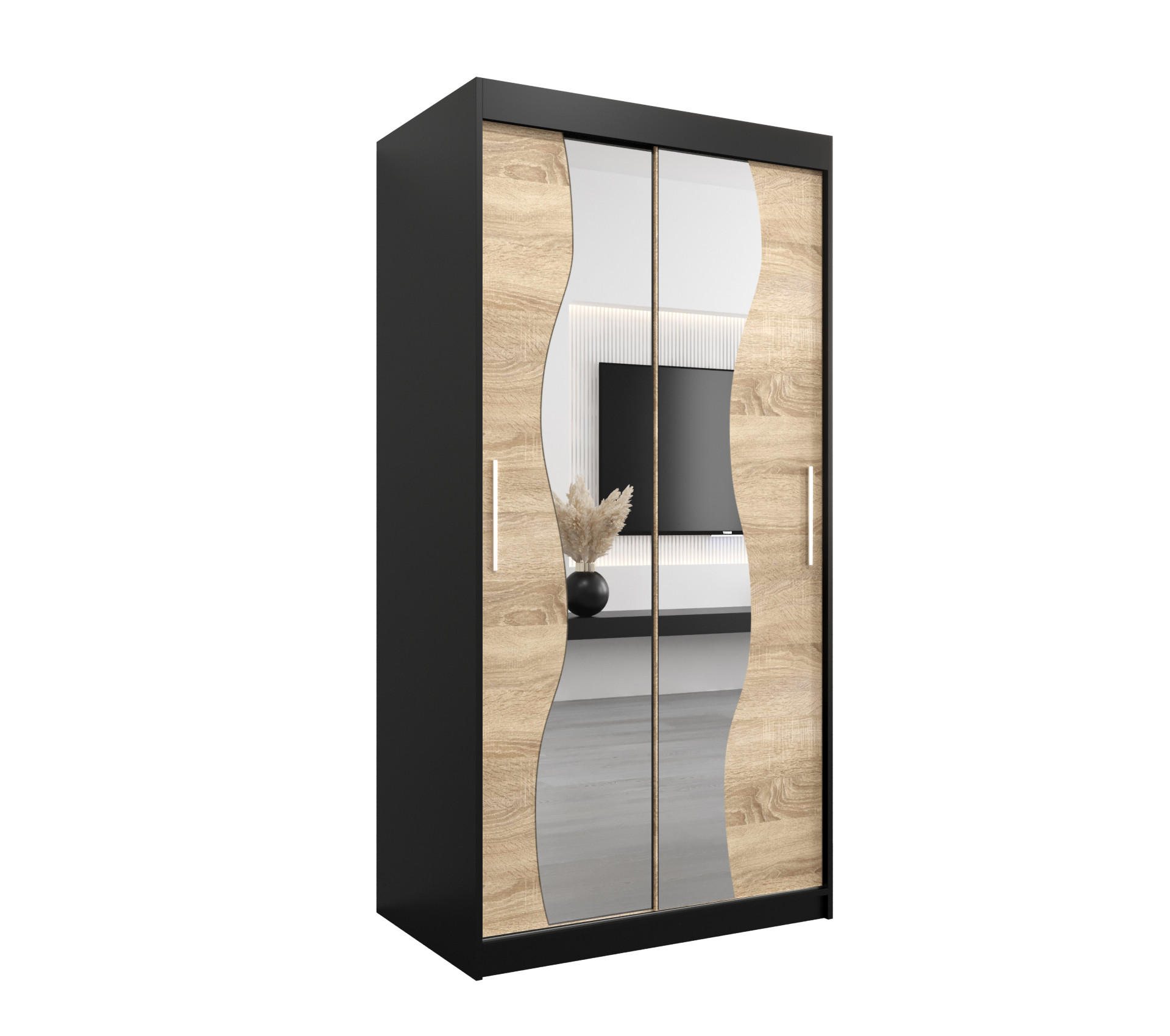 Abiks Möbel SCHWEBETÜRENSCHRANK Schwarz, Sonoma Eiche 100cm × 62cm × 200cm
