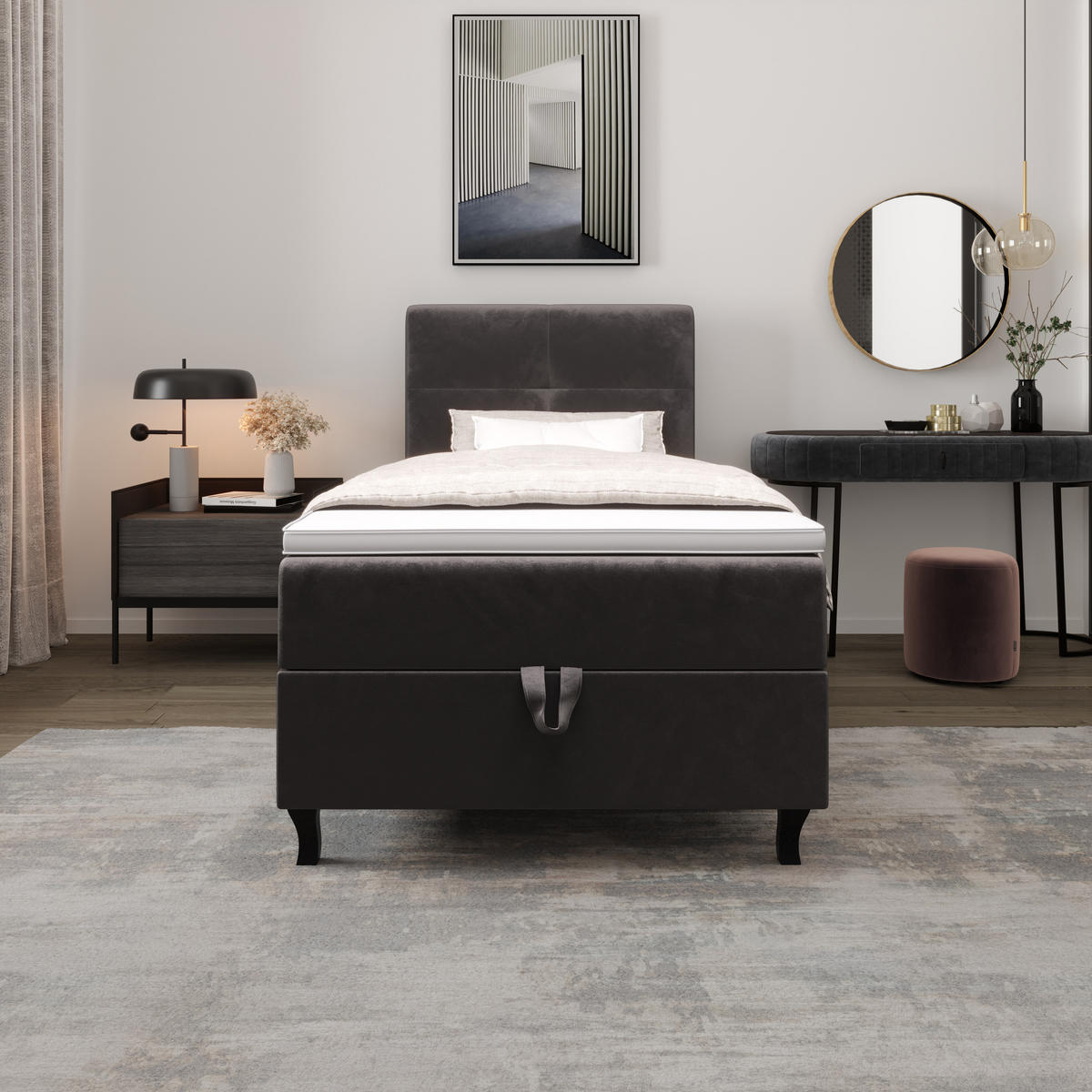 BOXBETT LIMBA mit Matratze H3 und Topper 80x200 Monolith 92 - Grau, Holz/Textil (80/200cm) - Bedante