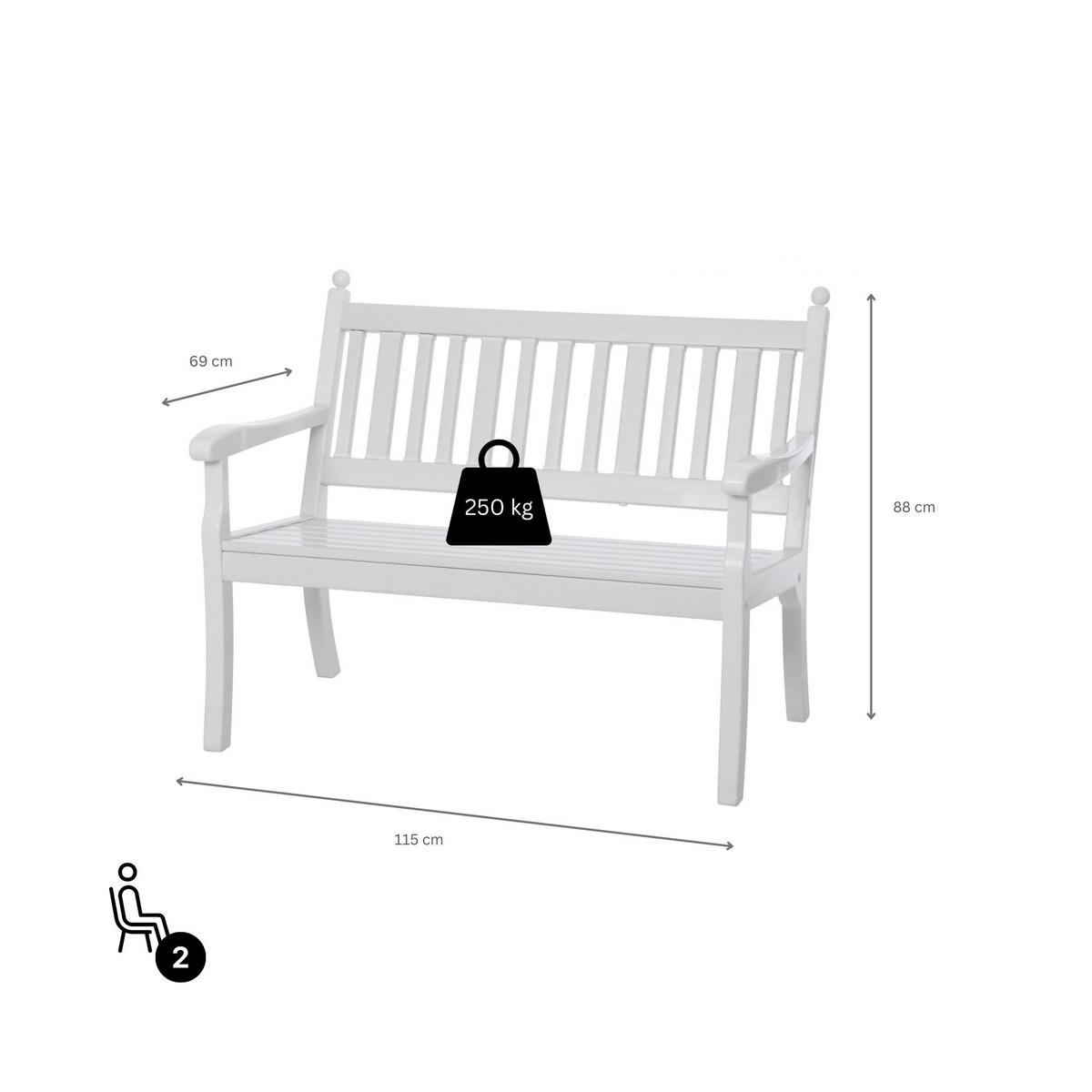GARTENBANK Aruba 2 Sitzer Weiß 88 x 115 x 69 cm Witterungskunststoff & UV Beständiger Kunststoff - Weiß, Kunststoff (115/88/69cm) - PROREGAL