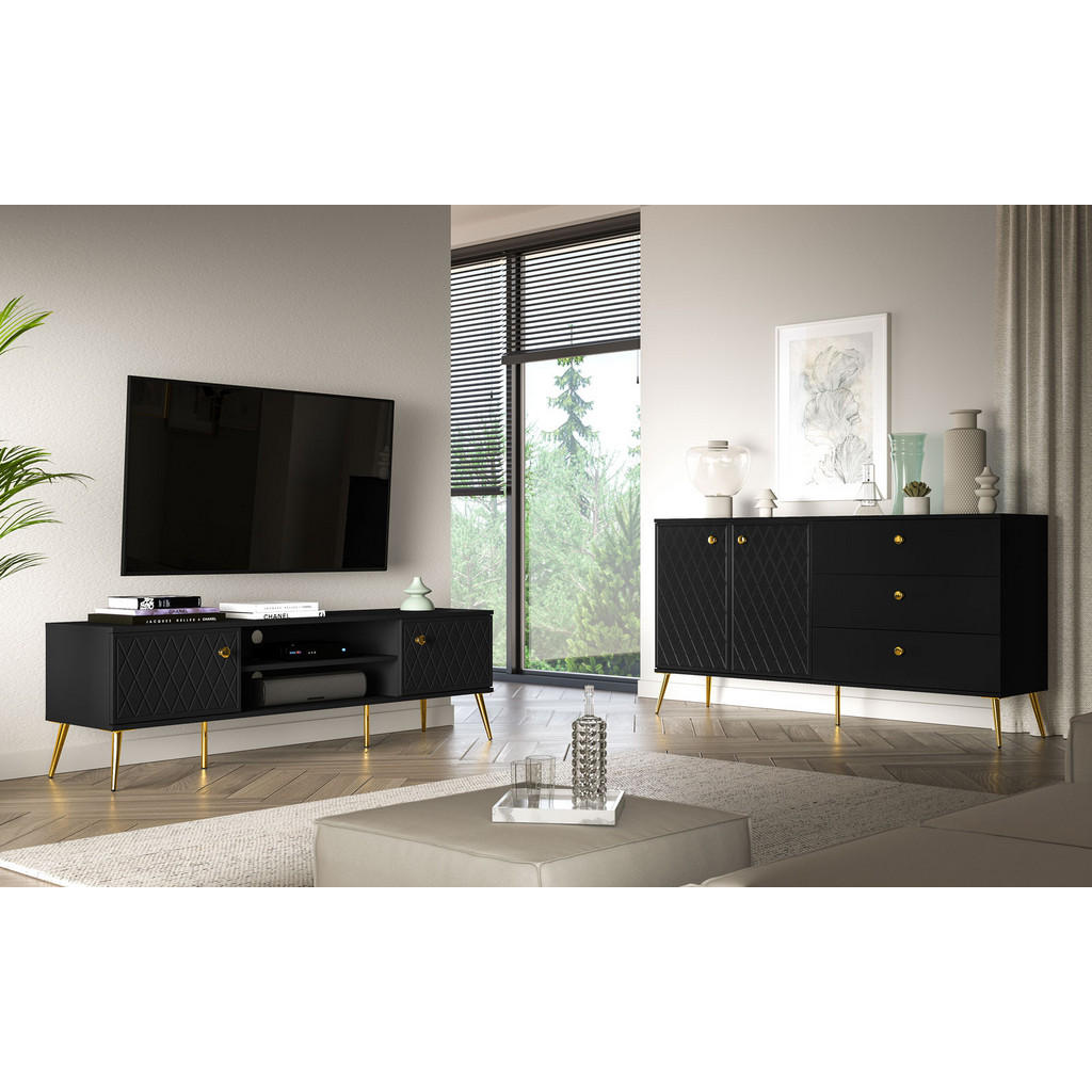 Thumbnail - Feldmann-Wohnen Wohnzimmer-Set, Schwarz, Gold, Holz, 6 Fächer, 3 Schubladen, Rechteckig, 160x85x40 cm, Wohnzimmer, Wohnw...