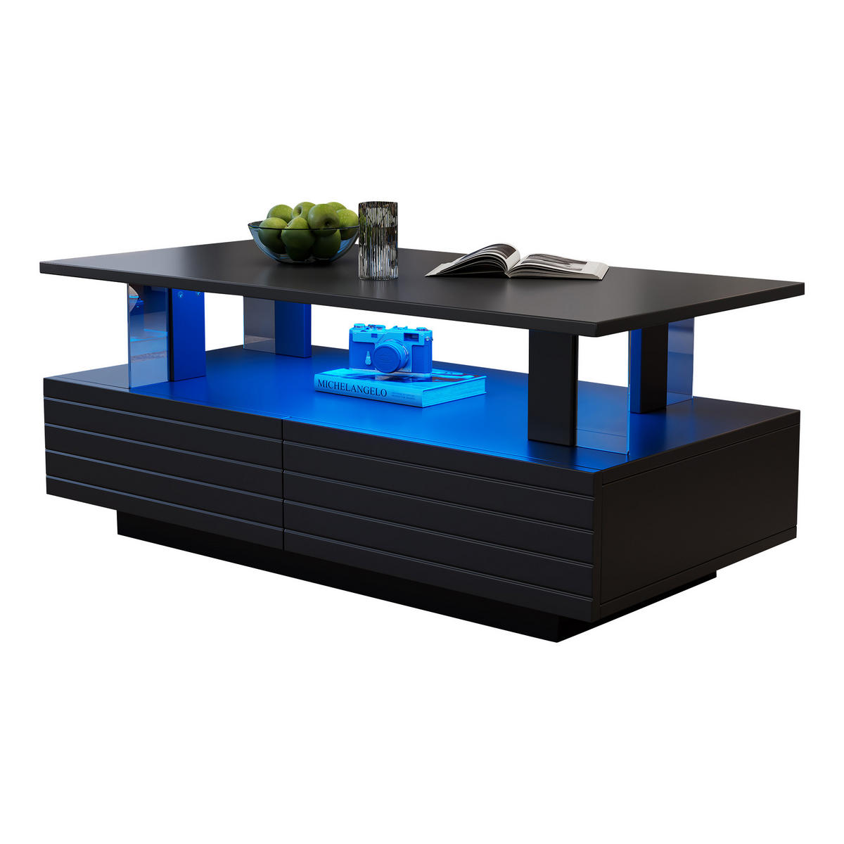 COUCHTISCH 100/50/42 cm schwarz mit LED-Beleuchtung App-Steuerung 2-Schubladen - Schwarz, Holzwerkstoff (100/50/42.5cm) - OKWISH