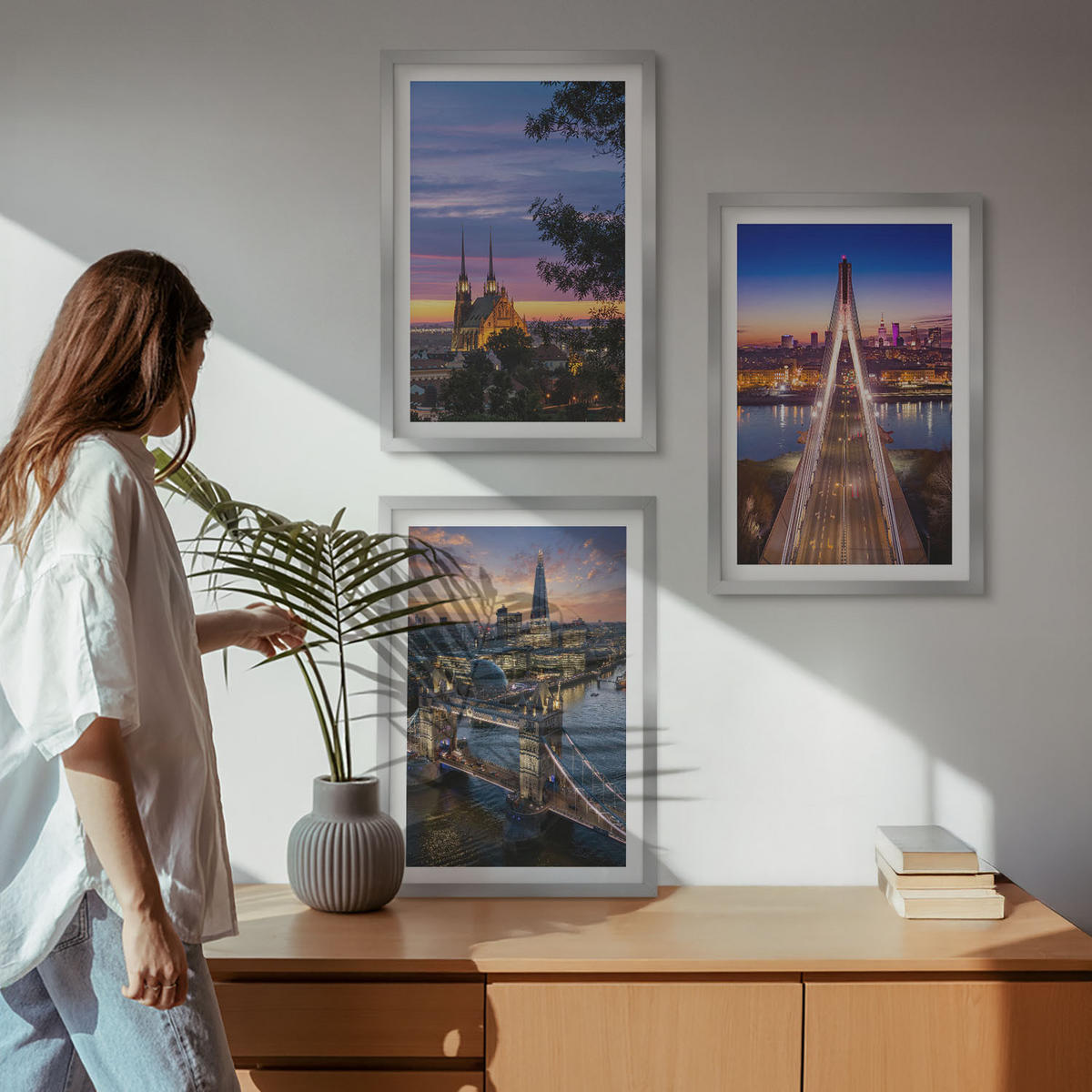 BILDER SET 3er Set - 40x60 cm Silberner Rahmen - Ausblicke auf Brücken und Sonnenuntergänge - Silberfarben, Kunststoff (40/60cm) - TULUP