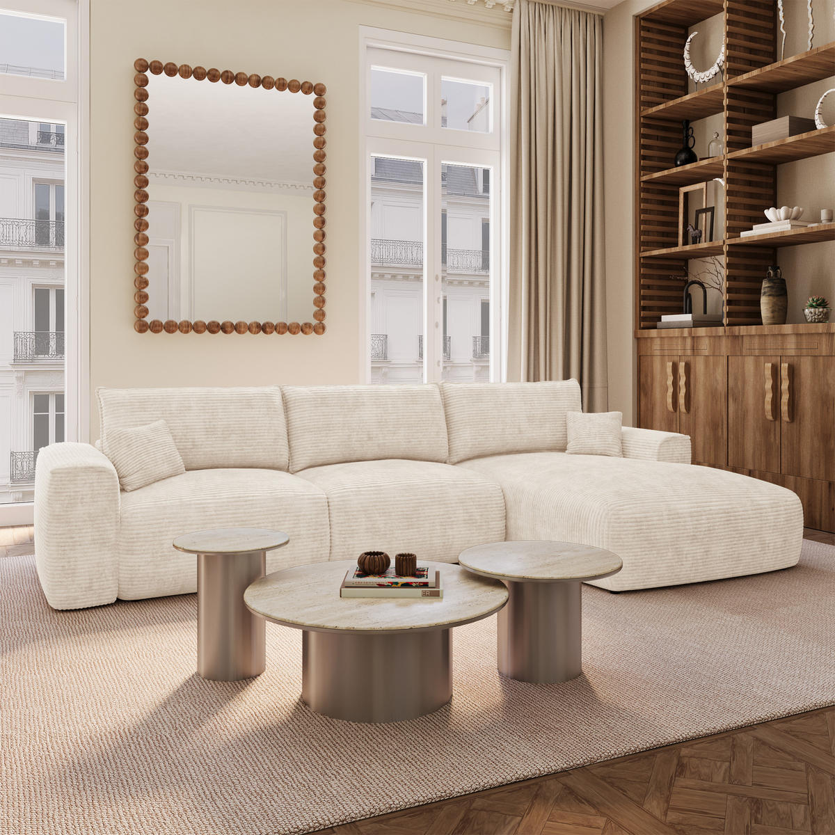ECKSOFA rechtwinklig COMO Cord Creme 297cm - Creme, Textil (297/167cm) - Premium Interiors
